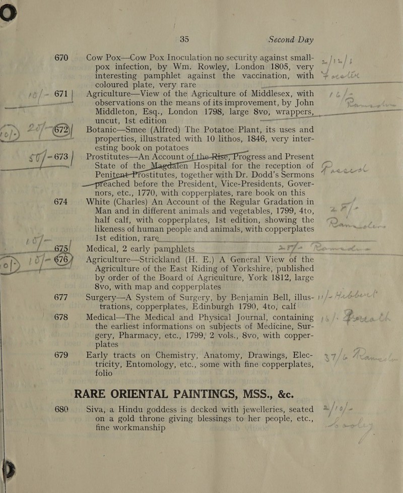 a f &gt; \ ef fe}  670 674 680 35 Second Day Cow Pox—Cow Pox Inoculation no security against small- pox infection, by Wm. Rowley, London 1805, very  coloured plate, very rare Agriculture—View of the Agriculture of Middlesex, with observations on the means of its improvement, by John Middleton, Esq., London 1798, large al | Wrappers, uncut, Ist edition Botanic_—Smee (Alfred) The Potatoe Blend its uses and properties, illustrated with 10 lthos, 1846, very inter- esting book on potatoes Prostitutes—An Account of rogress and Present nors, etc., 1770, with copperplates, rare book on this White (Charles) An Account of the Regular Gradation in Man and in different animals and vegetables, 1799, 4to, half calf, with copperplates, Ist edition, showing the likeness of human people and animals, with copperplates Ist edition, rare. ut Medical, 2 early pamphlets EEE St ae Agriculture—Strickland (H. E.) A General View of the Agriculture of the East Riding of Yorkshire, published by order of the Board of Agriculture, York 1812, large 8vo, with map and copperplates trations, copperplates, Edinburgh 1790, 4to, calf Medical—The Medical and Physical Journal, containing the earliest informations on subjects of Medicine, Sur- gery, Pharmacy, etc., 1799, 2 vols., 8vo, with copper- plates Early tracts on Chemistry, Anatomy, Drawings, Elec- tricity, Entomology, etc., some with fine copperplates, folio Siva, a Hindu goddess is decked with jewelleries, seated on a gold throne giving blessings to her people, etc., fine workmanship