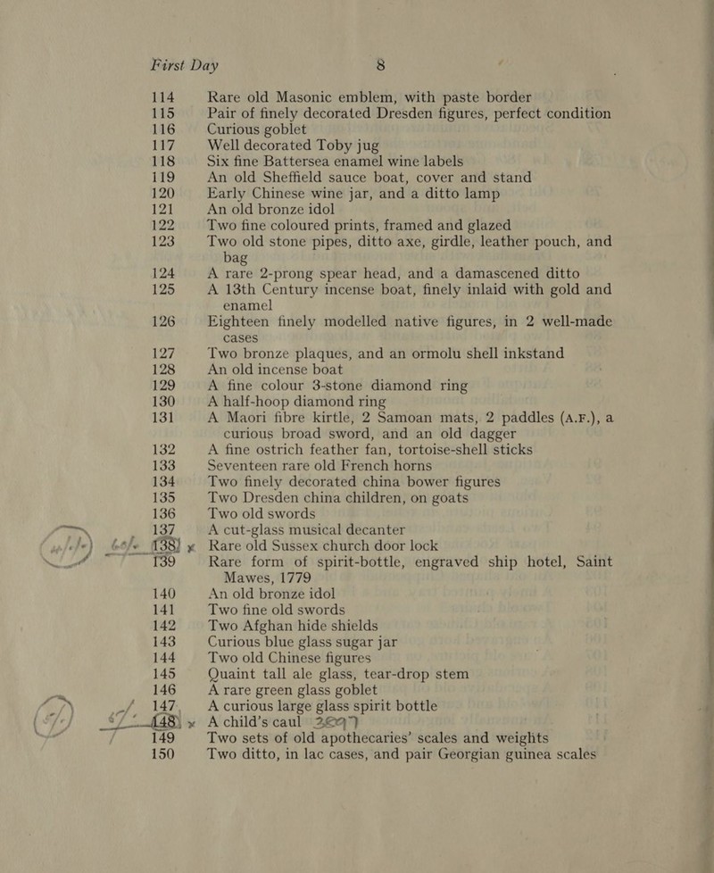 114 115 116 117 118 119 120 121 122 123 124 125 126 Rare old Masonic emblem, with paste border Pair of finely decorated Dresden figures, perfect condition Curious goblet Well decorated Toby jug Six fine Battersea enamel wine labels An old Sheffield sauce boat, cover and stand Early Chinese wine jar, and a ditto lamp An old bronze idol Two fine coloured prints, framed and glazed Two old stone pipes, ditto axe, girdle, leather pouch, and bag A rare 2-prong spear head, and a damascened ditto A 13th Century incense boat, finely inlaid with gold and enamel Eighteen finely modelled native figures, in 2 well-made cases Two bronze plaques, and an ormolu shell inkstand An old incense boat A fine colour 3-stone diamond ring A half-hoop diamond ring curious broad sword, and an old dagger A fine ostrich feather fan, tortoise-shell sticks Seventeen rare old French horns Two finely decorated china bower figures Two Dresden china children, on goats Two old swords A cut-glass musical decanter Rare old Sussex church door lock Rare form of spirit-bottle, engraved ship hotel, Saint Mawes, 1779 An old bronze idol Two fine old swords Two Afghan hide shields Curious blue glass sugar jar Two old Chinese figures Quaint tall ale glass, tear-drop stem A rare green glass goblet A curious large glass spirit bottle A child’s caul 24°) Two sets of old apothecaries’ scales and sreitin Two ditto, in lac cases, and pair Georgian guinea scales