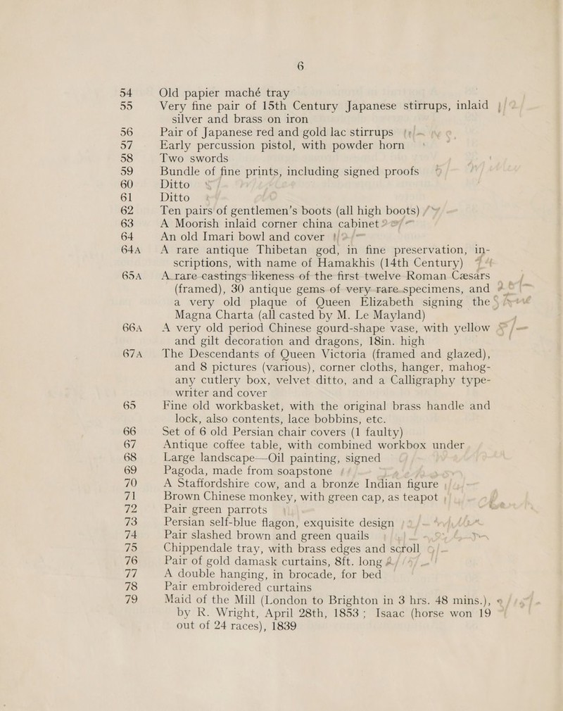 54 Old papier maché tray 55 Very fine pair of 15th Century Japanese stirrups, inlaid | silver and brass on iron 56 Pair of Japanese red and gold lac stirrups 57 Early percussion pistol, with powder horn 58 Two swords 59 Bundle of fine prints, including signed proofs 60 Ditto 61 Ditto 9 62 Ten pairs of gentlemen’s boots (all high boots) 63 A Moorish inlaid corner china cabinet’ &amp;) @ 64 An old Imari bowl and cover #)*/* 644 &lt;A rare antique Thibetan god, in fine preservation, in- scriptions, with name of Hamakhis (14th Century) 654 A_rare-castings likeness of the first twelve Roman Cesars a very old plaque of Queen Elizabeth signing the Magna Charta (all casted by M. Le Mayland) | er 664 A very old period Chinese gourd-shape vase, with yellow * / and gilt decoration and dragons, 18in. high : 674A The Descendants of Queen Victoria (framed and glazed), and 8 pictures (various), corner cloths, hanger, mahog- any cutlery box, velvet ditto, and a Calligraphy type- writer and cover 65 Fine old workbasket, with the original brass handle and lock, also contents, lace bobbins, etc. 66 Set of 6 old Persian chair covers (1 faulty) 67 Antique coffee table, with combined workbox under 68 Large landscape—Oil painting, signed 69 Pagoda, made from soapstone | 70 A Staffordshire cow, and a bronze Indian figure , 71 Brown Chinese monkey, with green cap, as teapot | yy 72 Pair green parrots die 73 Persian self-blue flagon, exquisite design 74 Pair slashed brown and green quails Tes Chippendale tray, with brass edges and scroll | 76 Pair of gold damask curtains, 8ft. long &amp; | A double hanging, in brocade, for bed 78 Pair embroidered curtains 79 Maid of the Mill (London to Brighton in 3 hrs. 48 mins.), by R. Wright, April 28th, 1853; Isaac (horse won 19 out of 24 races), 1839