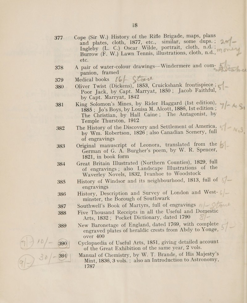 377 378 379 380 381 382 383 18 Cope (Sir W.) History of the Rifle Brigade, maps, plans and plates, cloth, 1877, etc., similar, some dups. ; Ingleby (L. C.) Oscar Wilde, portrait, cloth, n.d. ; etc. — panion, framed . o f gr sens Medical books {G/— S@ce+t* by Capt. Marryat, 1842 1885 ; Jo’s Boys, by Louisa M. Alcott, 1886, Ist edition ; The Christian, by Hall Caine; The Antagonist, by Temple Thurston, 1912 The History of the Discovery and Settlement of America, by Wm. Robertson, 1826 : also Canadian Scenery, full of engravings 1821, in book form Great Britain Illustrated (Northern Counties), 1829, full of engravings; also Landscape Illustrations of the Waverley Novels, 1832, Ivanhoe to Woodstock History of Windsor and its neighbourhood, 1813, full of engravings History, Description and Survey of London and West- minster, the Borough of Southwark Southwell’s Book of Martyrs, full of engravings Five Thousand Receipts in all the Useful and Domestic Arts, 1832; Pocket Dictionary, dated 1790 , engraved plates of heraldic crests from Abdy to Yonge, over 400 Cyclopaedia of Useful Arts, 1851, giving detailed account of the Great Exhibition of the same year, 2 vols. Manual of Chemistry, by W. T. Brande, of His Majesty's Mint, 1836, 3 vols. ; also an Introduction to Astronomy, 1787