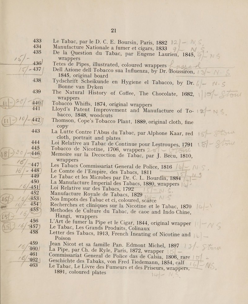  Le Tabac}, parle) D.:C. E. Boursin, Paris, 1882 Manufacture Nationale a fumer et cigars, 1833 ‘ De la Question du Tabac, par Fugene Laurien, 1845, wrappers Tetes de Pipes, illustrated, coloured wrappers vw we, Dell Azione dell Tobacco sua Influenza, by Dr. Boussiron, 1845, original board | Tydschrift Scheikunde en Hygiene el Tabacco, by Dr. Bonne van Dyken The Natural History of Coffee, The Chocolate, 1682, wrappers Tobacco Whiffs, 1874, original wrappers Lloyd’s Patent Improvement and Manufacture of To- | bacco, 1848, woodcuts Thomson, Cope’s Tobacco Plant, 1889, original cloth, fine copy La Lutte Contre l’Abus du Tabac, par Alphone Kaar, red cloth, portrait and plates Loi Relative au Tabac de Continue pour Lestroupes, 1791 Tobacco de Nicotine, 1706, wrappers Memoire sur la Decoction de Tabac, par J. Becu, 1810, wrappers Les Tabacs Commissariat General de Police, 1816 Le Comte de l’Empire, des Tabacs, 1811 Le Tabac et les Microbes par Dr. C. L. Bourdin, 1884 La Manufacture Imperial des Tabacs, 1880, wrappers Loi Relative sur des Tabacs, 1792 | Manufacture Royale de Tabacs, 1829 Nos Impots des Tabac et ci, coloured, scarce Recherches et cliniques sur la Nicotine et le Tabac, 1870 Methodes de Culture du Tabac, de caoe and Indo Chine, Hangi, wrappers L’Art de fumer la Pipe et le Cigar, 1844, original wrapper Le Tabac, Les Grands Produits, Colinaux Letter des Tabacs, 1913, French Ineating of Nicotine and Poison Jean Nicot et sa famille Pan. Edmont Michel, 1897 La Pipe, par Ch. de Ryle, Paris, 1872, wrapper Commissariat General de Police das de Calsia, 1806, rare Geschichte des Tabaks, von Fred Tiedemann, 1854, calf Le Tabac, Le Livre des Fumeurs et des Priseurs, wrappers, 1891, coloured plates