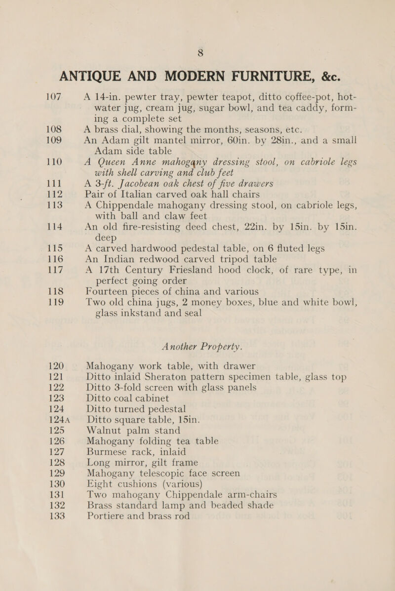 107 108 109 110 111 112 113 114 115 116 117 118 119 120 TA 122 123 124 1244 125 126 127 128 129 130 131 132 L33 A 14-in. pewter tray, pewter teapot, ditto coffee-pot, hot- water jug, cream jug, sugar bowl, and tea caddy, form- ing a complete set A brass dial, showing the months, seasons, etc. An Adam gilt mantel mirror, 60in. by 28in., and a small Adam side table A Queen Anne mahogany dressing stool, on cabriole legs with shell carving and club feet A 3-/t. Jacobean oak chest of five drawers Pair of Italian carved oak hall chairs A Chippendale mahogany dressing stool, on cabriole legs, with ball and claw feet An old fire-resisting deed chest, 22in. by 15in. by 15in. Geep A carved hardwood pedestal table, on 6 fluted legs An Indian redwood carved tripod table A 17th Century Friesland hood clock, of rare type, in perfect going order Fourteen pieces of china and various Two old china jugs, 2 money boxes, blue and white bowl, glass inkstand and seal Another Property. Mahogany work table, with drawer Ditto inlaid Sheraton pattern specimen table, glass top Ditto 3-fold screen with glass panels Ditto coal cabinet Ditto turned pedestal Ditto square table, 15in. Walnut palm stand Mahogany folding tea table Burmese rack, inlaid Long mirror, gilt frame Mahogany telescopic face screen Eight cushions (various) Two mahogany Chippendale arm-chairs Brass standard lamp and beaded shade Portiere and brass rod