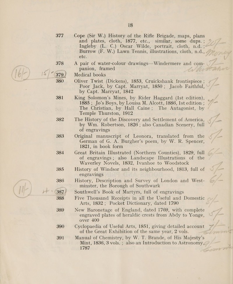 377 Nee ane 382 383 18 Cope (Sir W.) History of the Rifle Brigade, maps, plans and plates, cloth, 1877, etc., similar, some dups. ; ete. A pair of water-colour drawings—-Windermere and com- panion, framed Medical books Oliver Twist (Dickens), 1853, Cruickshank frontispiece ; Poor Jack, by Capt. Marryat, 1850; Jacob Faithful, by Capt. Marryat, 1842 King Solomon’s Mines, by Rider Haggard (lst edition), The Christian, by Hall Caine; The Antagonist, by Leniple’ Thurstonys(912 The History of the Discovery and Settlement of America, by Wm. Robertson, 1826; also Canadian Scenery, full of engravings Original manuscript of Leonora, translated from the German of G. A. Burgher’s: poem, by W. R. Spencer, 1821, in book form of engravings; also Landscape Illustrations of the Waverley Novels, 1832, Ivanhoe to Woodstock History of Windsor and its neighbourhood, 1813, full of engravings History, Description and Survey of London and West- minster, the Borough of Southwark Southwell’s Book of Martyrs, full of engravings Five Thousand Receipts in all the Useful and Domestic Arts, 1832; Pocket Dictionary, dated 1790 New Baronetage of England, dated 1769, with complete engraved plates of heraldic crests from Abdy to Yonge, over 400 Cyclopaedia of Useful Arts, 1851, giving detailed account of the Great Exhibition of the same year, 2 vols. Manual of Chemistry, by W. T. Brande, of His Majesty’s Mint, 1836, 3 vols. ; also an Introduction to Astronomy, 1787