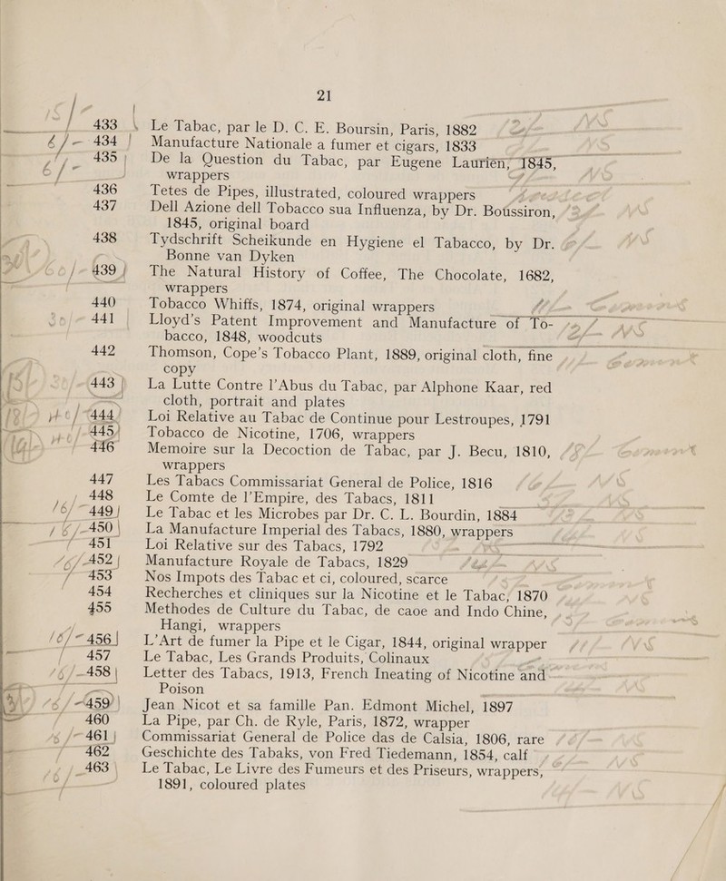  Sees /6/ = 456 | | 457 y i  he 459) ) ~ 460 6/7 A461) = 462 , 4 463 | on a re Zi Manufacture Nationale a fumer et cigars, 1833 De la Question du Tabac, par Eugene Laurien; 1845, wrappers é Tetes de Pipes, illustrated, coloured wrappers (Auge, Dell Azione dell Tobacco sua Influenza, by Dr. Botssiron, 1845, original board Bonne van Dyken The Natural History of Coffee, The Chocolate, 1682, wrappers Tobacco Whiffs, 1874, original wrappers Va bacco, 1848, woodcuts copy La Lutte Contre l’Abus du Tabac, par Alphone Kaar, red cloth, portrait and plates Loi Relative au Tabac de Continue pour Lestroupes, 1791 Tobacco de Nicotine, 1706, wrappers Memoire sur la Decoction de Tabac, par J. Becu, 1810, wrappers Les Tabacs Commissariat General de Police, 1816 Le Comte de l’Empire, des Tabacs, 1811 oh. Le Tabac et les Microbes par Dr. C. L. Bourdin, 1884 Loi Relative sur des Tabacs, 1792 Manufacture Royale de Tabacs, 1829 Nos Impots des Tabac et ci, coloured, scarce Recherches et cliniques sur la Nicotine et le Tabac, 1870 Methodes de Culture du Tabac, de caoe and Indo Chine, Hangi, wrappers L’Art de fumer la Pipe et le Cigar, 1844, original wrapper Le Tabac, Les Grands Produits, Colinaux , Letter des Tabacs, 1913, French Ineating of Nicotine and Poison Jean Nicot et sa famille Pan. Edmont Michel, 1897 La Pipe, par Ch. de Ryle, Paris, 1872, wrapper Commissariat General de Police das de Calsia, 1806, rare Geschichte des Tabaks, von Fred Tiedemann, 1854, calf Le Tabac, Le Livre des Fumeurs et des Priseurs, wrappers, 1891, coloured plates