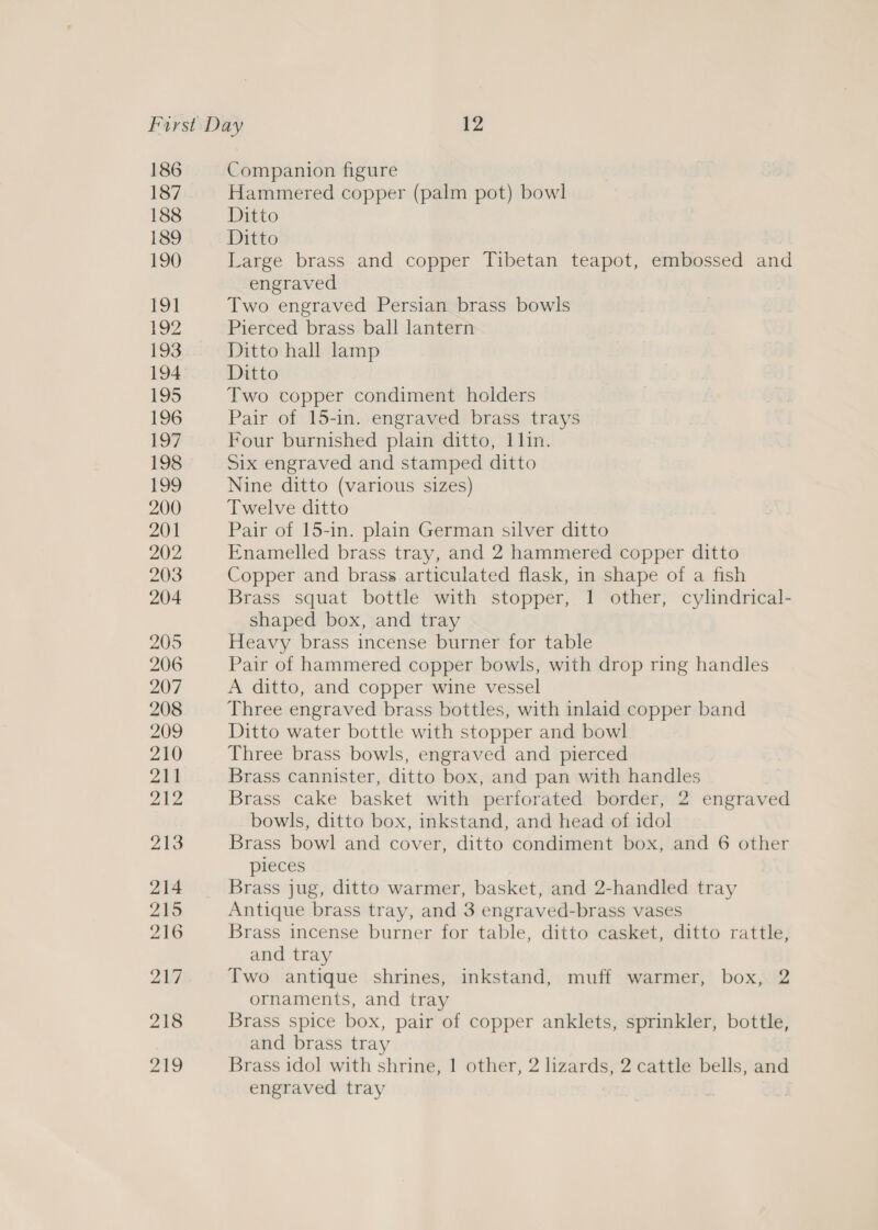 186 187 188 189 190 19] 192 193 Companion figure Hammered copper (palm pot) bowl Ditto Ditto Large brass and copper Tibetan teapot, embossed and engraved Two engraved Persian brass bowls Pierced brass ball lantern Ditto hall lamp Ditto Two copper condiment holders Pair of 15-in. engraved brass trays Four burnished plain ditto, 1lin. Six engraved and stamped ditto Nine ditto (various sizes) Twelve ditto Pair of 15-in. plain German silver ditto Enamelled brass tray, and 2 hammered copper ditto Copper and brass articulated flask, in shape of a fish Brass squat bottle with stopper, 1 other, cylindrical- shaped box, and tray Heavy brass incense burner for table Pair of hammered copper bowls, with drop ring handles A ditto, and copper wine vessel Three engraved brass bottles, with inlaid copper band Ditto water bottle with stopper and bowl Three brass bowls, engraved and pierced Brass cannister, ditto box, and pan with handles Brass cake basket with perforated border, 2 engraved bowls, ditto box, inkstand, and head of idol Brass bowl and cover, ditto condiment box, and 6 other pieces Brass jug, ditto warmer, basket, and 2-handled tray Antique brass tray, and 3 engraved-brass vases Brass incense burner for table, ditto casket, ditto rattle, and tray Two antique shrines, inkstand, muff warmer, box, 2 ornaments, and tray Brass spice box, pair of copper anklets, sprinkler, bottle, and brass tray Brass idol with shrine, 1 other, 2 lizards, 2 cattle bells, and engraved tray