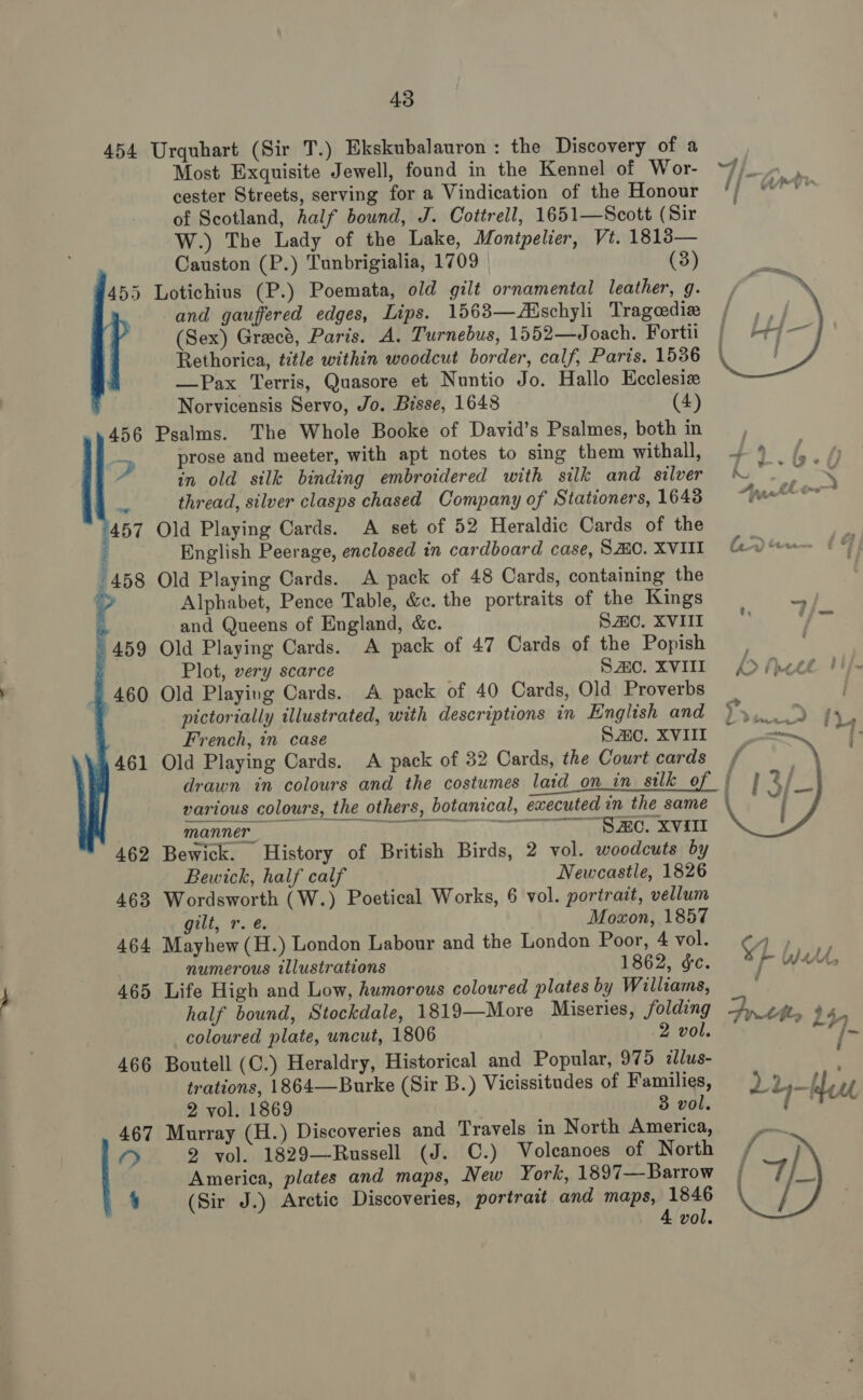 454 Urquhart (Sir T.) Ekskubalauron : the Discovery of a cester Streets, serving for a Vindication of the Honour ‘/ of Scotland, half bound, J. Cottrell, 1651—Scott (Sir W.) The Lady of the Lake, Montpelier, Vt. 1813— Causton (P.) Tunbrigialia, 1709 (3) 455 Lotichius (P.) Poemata, old gilt ornamental leather, g. and gauffered edges, Lips. 1563—AMschyli Trageediz (Sex) Gract, Paris. A. Turnebus, 1552—Joach. Fortii Rethorica, title within woodcut border, calf, Paris, 1536 —Pax Terris, Quasore et Nuntio Jo. Hallo Ecclesiz Norvicensis Servo, Jo. Bisse, 1648 (4) 456 Psalms. The Whole Booke of David’s Psalmes, both in - prose and meeter, with apt notes to sing them withall, + ‘ in old silk binding embroidered with silk and silver ‘ thread, silver clasps chased Company of Stationers, 1643 457 Old Playing Cards. A set of 52 Heraldic Cards of the 458 Old Playing Cards. A pack of 48 Cards, containing the % Alphabet, Pence Table, &amp;c. the portraits of the Kings ' 460 Old Playing Cards. A pack of 40 Cards, Old Proverbs pictorially illustrated, with descriptions in English and French, in case Sac. XVIII 461 Old Playing Cards. A pack of 32 Cards, the Court cards drawn in colours and the costumes laid_on_in silk of | various colours, the others, botanical, executed in the same manner Tt. 0a i ee  Bewick, half calf Newcastle, 1826 463 Wordsworth (W.) Poetical Works, 6 vol. portrait, vellum Gti, £.°¢ Moxon, 1857 numerous illustrations 1862, &amp;c. 465 Life High and Low, humorous coloured plates by Williams, half bound, Stockdale, 1819—More Miseries, folding coloured plate, uncut, 1806 2 vol. 466 Boutell (C.) Heraldry, Historical and Popular, 975 zllus- trations, 1864—Burke (Sir B.) Vicissitudes of Families, 2 vol. 1869 . 3 vol. 467 Murray (H.) Discoveries and Travels in North America, 2. 2 vol. 1829—Russell (J. C.) Volcanoes of North America, plates and maps, New York, 1897—-Barrow 4 (Sir J.) Arctic Discoveries, portrait and maps, 1846 4 vol.    and Queens of England, &amp;c. Smo. xvi q 459 Old Playing Cards. A pack of 47 Cards of the Popish , Plot, very scarce Smo. XVIII £&gt; (eee | 