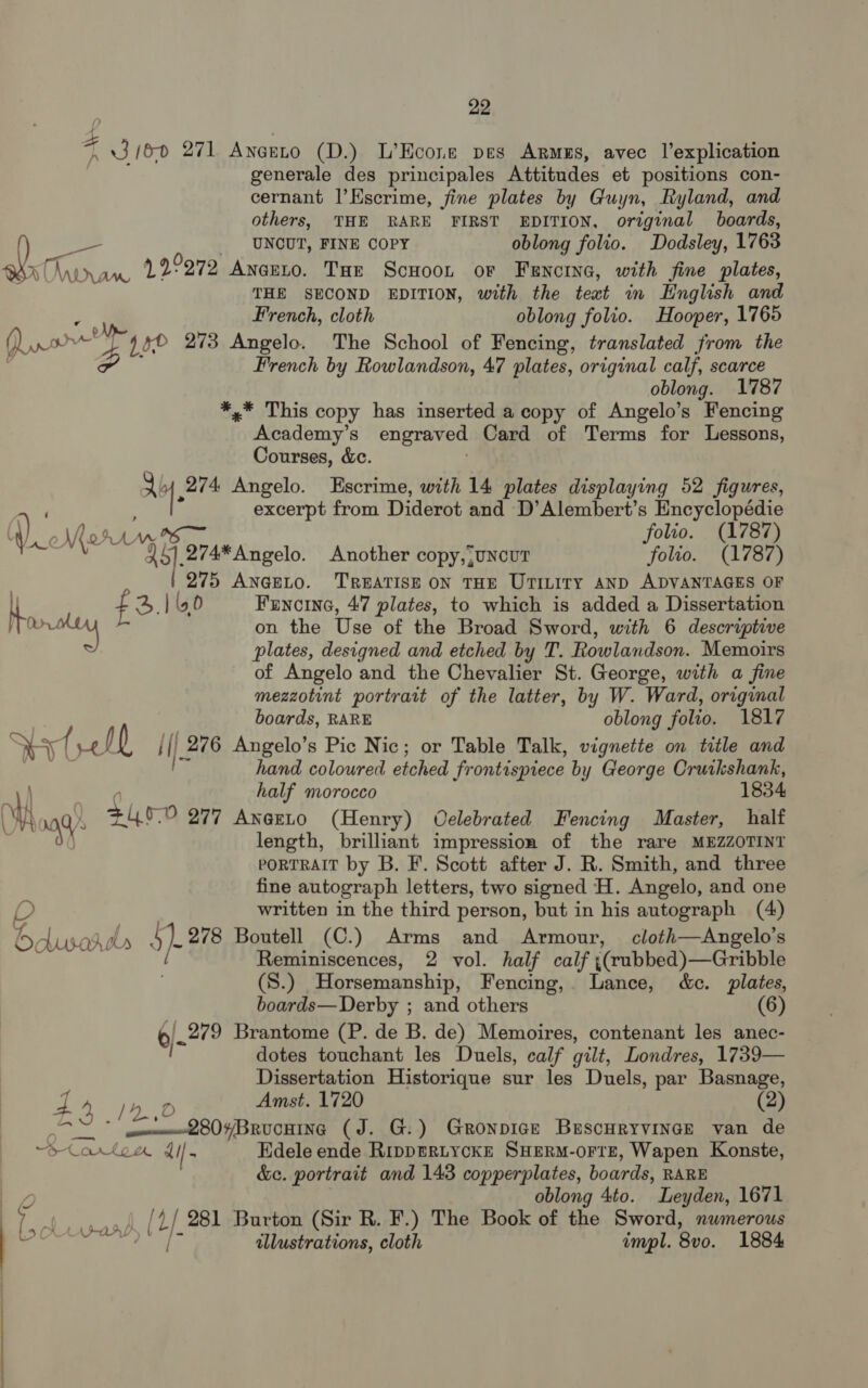 Z 3/6 271 Anento (D.) L’Econe pes Armus, avec l’explication generale des principales Attitudes et positions con- cernant |’Escrime, fine plates by Guyn, Ryland, and others, THE RARE FIRST EDITION, original boards, pie UNCUT, FINE COPY oblong folio. Dodsley, 1763 wath MD 129972 AncEeLo. THe ScHoonr or Fencina, with fine plates, THE SECOND EDITION, with the teat in English and French, cloth oblong folio. Hooper, 1765 Que Sig ls 273 Angelo. The School of Fencing, translated from the French by Rowlandson, 47 plates, original calf, scarce oblong. 1787 *,* This copy has inserted a copy of Angelo’s Fencing Academy’s engraved Card of Terms for Lessons, Courses, &c. a 274 Angelo. Escrime, with 14 plates displaying 52 figures, excerpt from Diderot and D’Alembert’s Encyclopédie Q). AM folio. (1787) Yur Me ih .274* Angelo. Another copy,, UNCUT folio. (1787) 275 ANGELO. TREATISE ON THE UTILITY AND ADVANTAGES OF 4 f£ 2% |l0 Fencine, 47 plates, to which is added a Dissertation : mae re on the Use of the Broad Sword, with 6 descriptive plates, designed and etched by T. Rowlandson. Memoirs of Angelo and the Chevalier St. George, with a fine mezzotint portrait of the latter, by W. Ward, original boards, RARE oblong folio. 1817 Sey fre 0 il _276 Angelo’s Pic Nic; or Table Talk, vignette on title and hand. coloured etched frontispiece by George Cruikshank, half morocco 1834 nt A) Sur 277 AngeLo (Henry) Celebrated Fencing Master, half 3 length, brilliant impression of the rare MEZZOTINT porTRAIT by B. F. Scott after J. R. Smith, and three fine autograph letters, two signed H. Angelo, and one D written in the third person, but in his autograph (4) Odusards 5} 278 Boutell (C.) Arms and Armour, cloth—Angelo’s z Reminiscences, 2 vol. half calf (rubbed) —Gribble (S.) Horsemanship, Fencing, Lance, &c. plates, boards—Derby ; and others (6) 0) 279 Brantome (P. de B. de) Memoires, contenant les anec- dotes touchant les Duels, calf gilt, Londres, 1739— Dissertation Historique sur les Duels, par Basnage, Bi 2 /»,. D Amst. 1720 TN oceeQ80H/BRucHine (J. G:) Gronpice Buscuryvinege van de “oLorten ti * Edele ende Ripprertycke SHERM-oFTE, Wapen Konste, &e. portrait and 143 copperplates, boards, RARE oblong 4to. Leyden, 1671 ie 281 Burton (Sir R. F.) The Book of the Sword, numerous illustrations, cloth impl. 8vo. 1884 XS EE —_ aT. “a Co ae