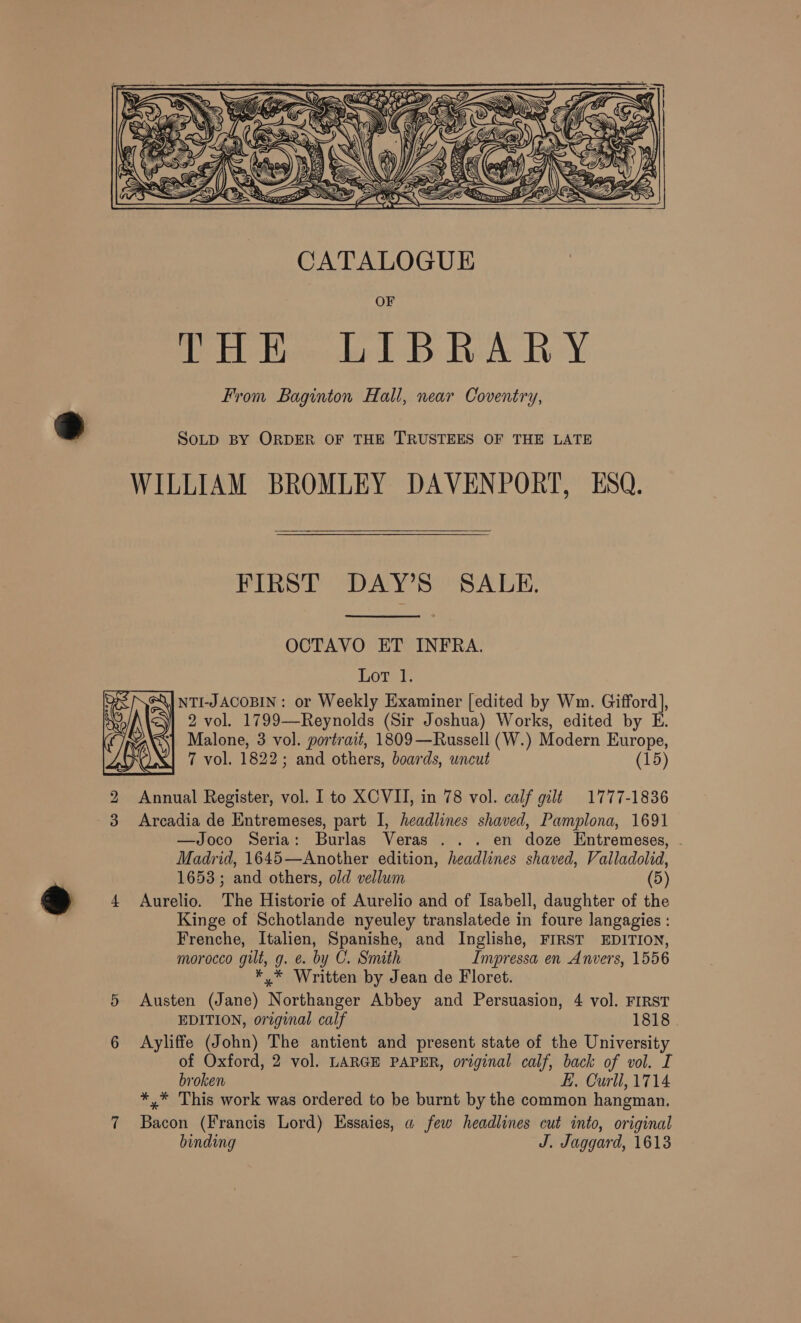   SOLD BY ORDER OF THE TRUSTEES OF THE LATE WILLIAM BROMLEY DAVENPORT, ESQ. FIRST DAY’S SALE. OCTAVO ET INFRA. Lor fk: NTI-J ACOBIN : or Weekly Examiner [edited by Wm. Gifford], 2 vol. 1799—Reynolds (Sir Joshua) Works, edited by E. Malone, 3 vol. portrait, 1809—Russell (W.) Modern Europe, 7 vol. 1822; and others, boards, uncut (15) Annual Register, vol. I to XCVII, in 78 vol. calf gilt 1777-1836 Arcadia de Entremeses, part I, headlines shaved, Pamplona, 1691 —Joco Seria: Burlas Veras ... en doze Entremeses, - Madrid, 1645—Another edition, headlines shaved, Valladolid, 1653 ; and others, old vellum (5) Aurelio. The Historie of Aurelio and of Isabell, daughter of the Kinge of Schotlande nyeuley translatede in foure langagies : Frenche, Italien, Spanishe, and Inglishe, FIRST EDITION, morocco gilt, g. e. by C. Smith Impressa en Anvers, 1556 *,* Written by Jean de Floret. Austen (Jane) Northanger Abbey and Persuasion, 4 vol. FIRST EDITION, original calf 1818 Ayliffe (John) The antient and present state of the University of Oxford, 2 vol. LARGE PAPER, original calf, back of vol. I broken E. Curll, 1714 *,* This work was ordered to be burnt by the common hangman. Bacon (Francis Lord) Essaies, a few headlines cut into, original binding J. Jaggard, 1613