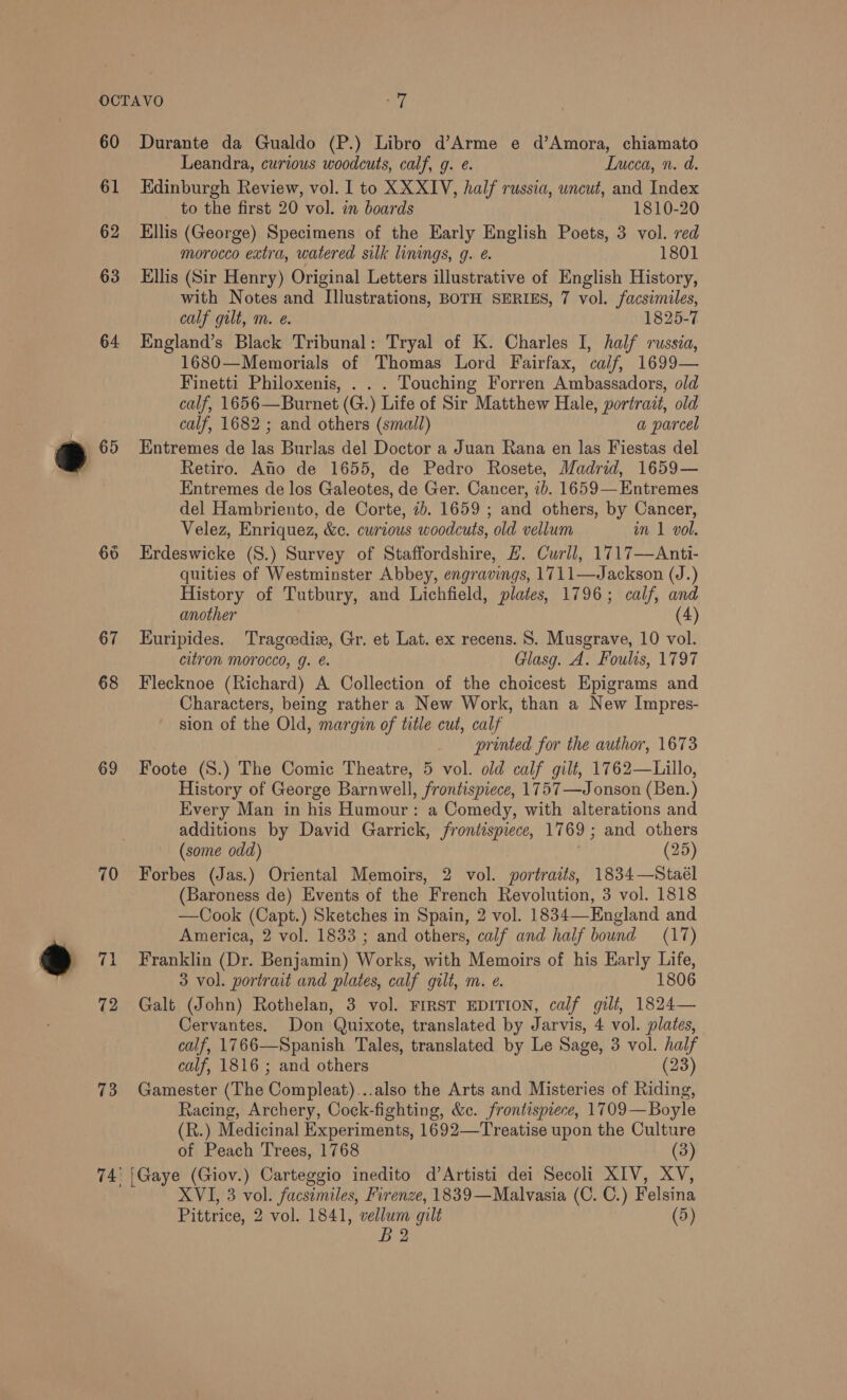 60 61 62 63 64 m 65 67 68 69 70 71 72 73 74 Durante da Gualdo (P.) Libro d’Arme e d’Amora, chiamato Leandra, curious woodcuts, calf, g. e. Lucca, n. a. Edinburgh Review, vol. I to XXXIV, half russia, uncut, and Index to the first 20 vol. in boards 1810-20 Ellis (George) Specimens of the Early English Poets, 3 vol. red morocco extra, watered silk linings, g. e. 1801 Ellis (Sir Henry) Original Letters illustrative of English History, with Notes and Illustrations, BOTH SERIES, 7 vol. facsimiles, calf gilt, m. e. 1825-7 England’s Black Tribunal: Tryal of K. Charles I, half russia, 1680—Memorials of Thomas Lord Fairfax, calf, 1699— Finetti Philoxenis, . . . Touching Forren Ambassadors, old calf, 1656—Burnet (G.) Life of Sir Matthew Hale, portrazt, old calf, 1682 ; and others (small) a parcel Entremes de las Burlas del Doctor a Juan Rana en las Fiestas del Retiro. Ato de 1655, de Pedro Rosete, Madrid, 1659— Entremes de los Galeotes, de Ger. Cancer, ib. 1659—Entremes del Hambriento, de Corte, 2b. 1659 ; and others, by Cancer, Velez, Enriquez, &amp;c. curious woodcuts, old vellum im 1 vol. Erdeswicke (S.) Survey of Staffordshire, #. Curll, 1717—Anti- quities of Westminster Abbey, engravings, 1711—Jackson (J.) History of Tutbury, and Lichfield, plates, 1796; calf, and (4) another Euripides. Tragoediz, Gr. et Lat. ex recens. 8S. Musgrave, 10 vol. citron Morocco, g. e. Glasg. A. Foulas, 1797 Flecknoe (Richard) A Collection of the choicest Epigrams and Characters, being rather a New Work, than a New Impres- sion of the Old, margin of title cut, calf printed for the author, 1673 Foote (S.) The Comic Theatre, 5 vol. old calf gilt, 1762—Lillo, History of George Barnwell, frontispiece, 1757—Jonson (Ben.) Kivery Man in his Humour: a Comedy, with alterations and additions by David Garrick, frontispiece, 1769; and others (some odd) (25) Forbes (Jas.) Oriental Memoirs, 2 vol. portraits, 1834—Staél (Baroness de) Events of the French Revolution, 3 vol. 1818 —Cook (Capt.) Sketches in Spain, 2 vol. 1834—England and America, 2 vol. 1833 ; and others, calf and half bound (17) Franklin (Dr. Benjamin) Works, with Memoirs of his Early Life, 3 vol. portrait and plates, calf gilt, m. e. 1806 Galt (John) Rothelan, 3 vol. FrRsT EDITION, calf gilt, 1824— Cervantes. Don Quixote, translated by Jarvis, 4 vol. plates, calf, 1766—Spanish Tales, translated by Le Sage, 3 vol. half calf, 1816 ; and others (23) Gamester (The Compleat)...also the Arts and Misteries of Riding, Racing, Archery, Cock-fighting, &amp;c. frontispiece, 1709—Boyle (R.) Medicinal Experiments, 1692—Treatise upon the Culture of Peach Trees, 1768 (3) XVI, 3 vol. facsimiles, Firenze, 1839—Malvasia (C. C.) Felsina Pittrice, 2 vol. 1841, vellum gilt (5) B2