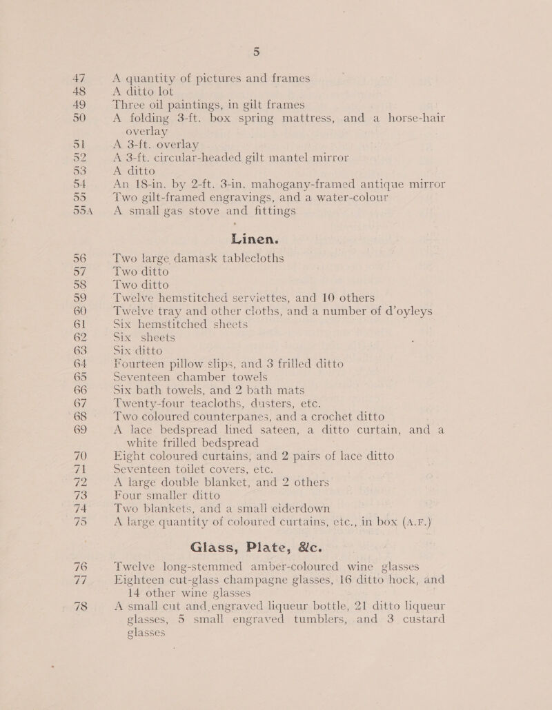 47 A quantity of pictures and frames 48 A ditto lot 7 49 Three oil paintings, in gilt frames 50 A folding 3-ft. box spring mattress, and a horse-hair overlay 7 51 A 3-ft. overlay 52 A 3-ft. circular-headed gilt mantel mirror 53 A ditto 54 An 18-in. by 2-ft. 3-in. mahogany-framed antique mirror 55 Two gilt-framed engravings, and a water-colour 554 A small gas stove and fittings Linen. 56 Two large damask tablecloths 57 Two ditto 58 Two ditto 59 Twelve hemstitched serviettes, and 10 others 60 Twelve tray and other cloths, and a number of d’oyleys 61 Six hemstitched sheets 62 Six sheets 63 Six ditto 64 Fourteen pillow slips, and 3 frilled ditto 65 Seventeen chamber towels 66 Six bath towels, and 2 bath mats 67 Twenty-four teacloths, dusters, etc. 68 Two coloured counterpanes, and a crochet ditto 69 A lace bedspread lined sateen, a ditto curtain, and a white frilled bedspread 70 Fight coloured curtains, and 2 pairs of lace ditto aA Seventeen toilet covers, etc. 72 A large double blanket, and 2 others 73 Four smaller ditto 74 Two blankets, and a small eiderdown 79 A large quantity of coloured curtains, etc., in box (A.F.) Glass, Plate, &amp;c. 76 Twelve long-stemmed amber-coloured wine glasses 77 Eighteen cut-glass champagne glasses, 16 ditto hock, and 14 other wine glasses 2 78 A small cut and.engraved liqueur bottle, 21 ditto liqueur glasses, 5 small engraved tumblers, and 3. custard glasses