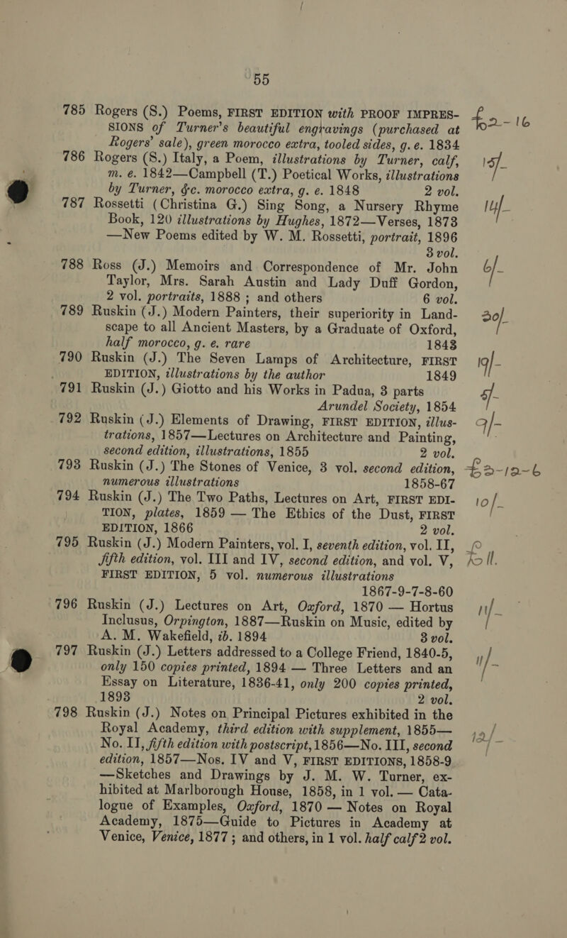 785 Rogers (S.) Poems, FIRST EDITION with PROOF IMPRES- SIONS of Turner's beautiful engravings (purchased at Rogers’ sale), green morocco extra, tooled sides, g.¢. 1834 786 Rogers (8.) Italy, a Poem, illustrations by Turner, calf, m. €. 1842—-Campbell (T.) Poetical Works, illustrations by Turner, §c. morocco extra, g. ¢. 1848 2 vol. 787 Rossetti (Christina G.) Sing Song, a Nursery Rhyme Book, 120 illustrations by Hughes, 1872—Verses, 1873 —New Poems edited by W. M. Rossetti, portrait, 1896 | 3 vol. 788 Ross (J.) Memoirs and Correspondence of Mr. John Taylor, Mrs. Sarah Austin and Lady Duff Gordon, 2 vol. portraits, 1888 ; and others 6 vol. 789 Ruskin (J.) Modern Painters, their superiority in Land- scape to all Ancient Masters, by a Graduate of Oxford, half morocco, g. e. rare 1843 790 Ruskin (J.) The Seven Lamps of Architecture, FIRST EDITION, ¢llustrations by the author 1849 Arundel Society, 1854 792 Ruskin (J.) Elements of Drawing, FIRST EDITION, illus- trations, 1857—Lectures on Architecture and Painting, second edition, illustrations, 1855 2 vol. 793 Ruskin (J.) The Stones of Venice, 3 vol. second edition, numerous illustrations 1858-67 794 Ruskin (J.) The Two Paths, Lectures on Art, FIRST EDI- TION, plates, 1859 — The Ethics of the Dust, FIRST EDITION, 1866 2 vol. 795 Ruskin (J.) Modern Painters, vol. I, seventh edition, vol. Er Jifih edition, vol. III and IV, second edition, and vol. V, FIRST EDITION, 5 vol. numerous illustrations 1867-9-7-8-60 796 Ruskin (J.) Lectures on Art, Oxford, 1870 — Hortus Inclusus, Orpington, 1887—Ruskin on Music, edited by A.M. Wakefield, 7b. 1894 3 vol. 797 Ruskin (J.) Letters addressed to a College Friend, 1840-5, only 150 copies printed, 1894 — Three Letters and an Essay on Literature, 1836-41, only 200 copies printed, 1893 2 vol. 798 Ruskin (J.) Notes on Principal Pictures exhibited in the Royal Academy, third edition with supplement, 1855— No. I, fifth edition with postscript, 1856—No. III, second edition, 1857—Nos. IV and V, FIRST EDITIONS, 1858-9 —Sketches and Drawings by J. M. W. Turner, ex- hibited at Marlborough House, 1858, in 1 vol. — Cata- logue of Examples, Oxford, 1870 — Notes on Royal Academy, 1875—Guide to Pictures in Academy at Venice, Venice, 1877 ; and others, in 1 vol. half calf 2 vol. f,2-l6 So]. - ff a[- £2-19-b