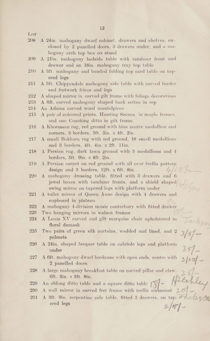 208 ho DS pb bo Be = S| Re oF Ww Nh 13 hogany arch top box on stand drawer and an 18in. mahogany tray top table ered legs and fretwork frieze and legs A 6ft. carved mahogany shaped back settee in rep An Adams carved wood mantelpiece and one Coaching ditto in gilt frame A Khorassan rug corners, 3 borders, 5ft. 5in. x 4ft. 2in. and 8 borders, 4ft. 4in. x 2ft. 1lin. borders, 5ft. Qin. x 4ft. 2in. design and 8 borders, 12ft. x 6ft. 8in. a H swing mirror on tapered legs with platform under cupboard in plateau Two hanging mirrors in walnut frames floral damask pelmets under 2 panelled doors 6ft. 8in. x 38ft. 8in. ; An oblong ditto table and a square ditto table Sy ered legs » 4 x &amp; Py oe &amp; £ E Zz £~ =