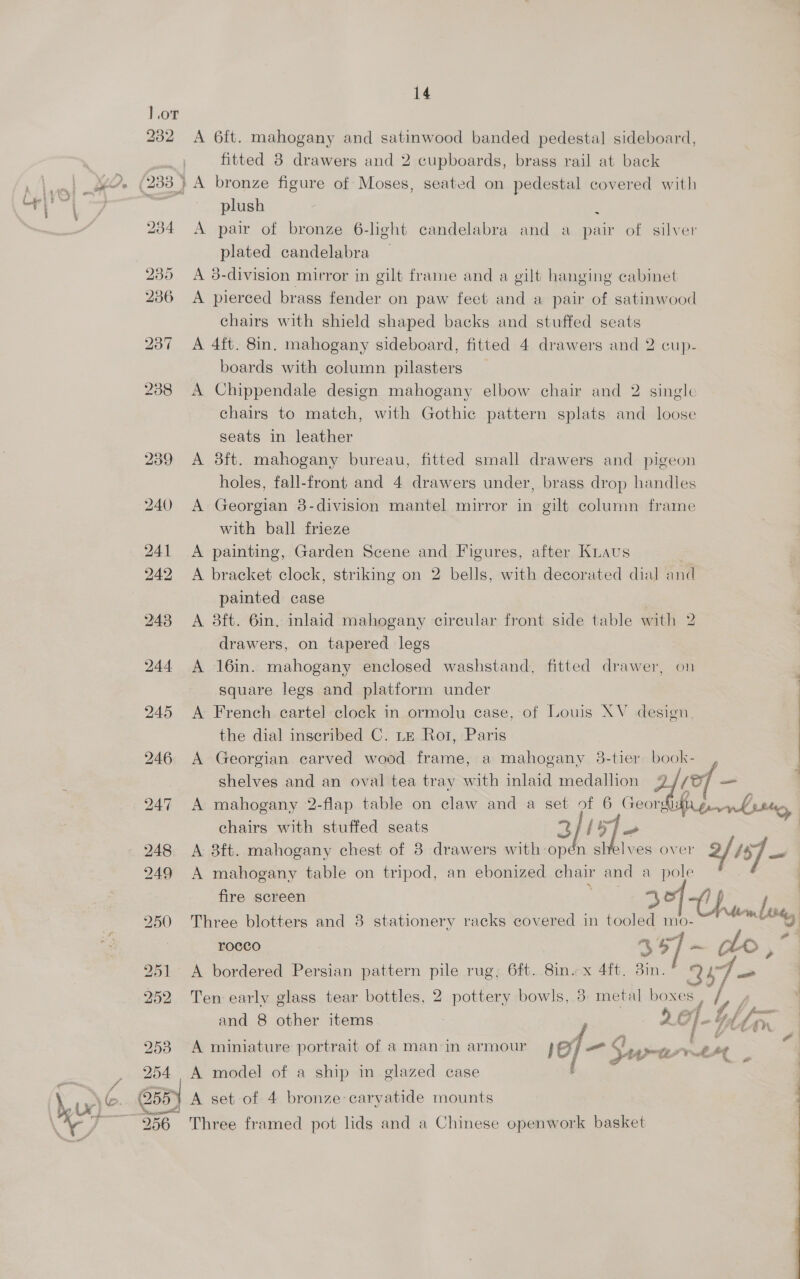 232 234 253 254 (55) 256 14 A 6ft. mahogany and satinwood banded pedestal sideboard, fitted 8 drawers and 2 cupboards, brass rail at back plush A pair of bronze 6-light candelabra and a pair of silver plated candelabra A 8-division mirror in gilt frame and a gilt hanging cabinet A pierced brass fender on paw feet and a pair of satinwood chairs with shield shaped backs and stuffed seats A 4ft. 8in. mahogany sideboard, fitted 4 drawers and 2 cup- boards with column pilasters A Chippendale design mahogany elbow chair and 2 single chairs to match, with Gothic pattern splats and loose seats in leather A 83ft. mahogany bureau, fitted small drawers and pigeon holes, fall-front and 4 drawers under, brass drop handles A Georgian 8-division mantel mirror in gilt column frame with ball frieze A painting, Garden Scene and Figures, after Knaus A bracket clock, striking on 2 bells, with decorated dial and painted case A 38ft. 6in. inlaid mahogany circular front side table with 2 drawers, on tapered legs A 16in. mahogany enclosed washstand, fitted drawer, on square legs and platform under A French cartel clock in ormolu case, of Louis XV design, the dial inscribed C. Le Ror, Paris A Georgian carved wood frame, a mahogany 38-tier book- shelves and an oval tea tray with inlaid medallion 4 ef — A mahogany 2-flap table on claw and a set of 6 wih ternling, chairs with stuffed seats 3ph5 A 8ft. mahogany chest of 3 drawers with opén a Ives over 5 a et A mahogany table on tripod, an ebonized chair and a pole fire screen eee 3°] -1p hie nog Three blotters and 38 stationery racks covered in tool os mo- rocco cad = oe o, Ten early glass tear bottles, 2 pottery bowls, 38 metal o f $, — and 8 other items : 20 Vf am Gof Jp , 4 f + A | A miniature portrait of a man in armour \of- SM yr LAE ) \ A model of a ship in glazed case . | A set of 4 bronze caryatide mounts Three framed pot lids and a Chinese openwork basket