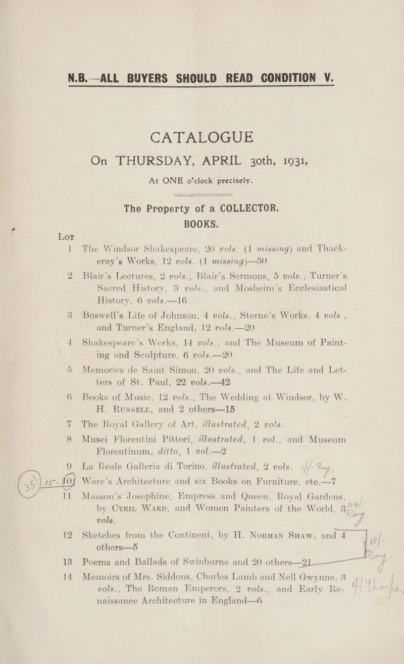 CATALOGUE On THURSDAY, APRIL 30th, 1931, At ONE o'clock precisely.  The Property of a COLLECTOR. BOOKS. Lot — The Windsor Shakespeare, 20 vols, (1 missing) and Thack- eray's Works, 12 vols. (1 missing)—30 2 Blair’s Lectures, 2 vols., Blair’s Sermons, 5 vols., Turner’s Sacred History, 8 vols., and Mosheim’s Ecclesiastical History, 6 vols.—16 3 Boswell’s Life of Johnson, 4 vols,, Sterne’s Works, 4 vols , and Turner’s England, 12 vols.—20 4 Shakespeare’s Works, 14 vols., and The Museum of Paint- ing and Sculpture, 6 vols.—20 0 Memories de Saint Simon, 20 vols., and The Life and Let- ters of St. Paul, 22 vols.—42 6 ‘Books of Music, 12 vols., The Wedding at Windsor, by W. H. Russeuu, and 2 others—15 The Royal Gallery of Art, illustrated, 2 vols. Musei Florentini Pittori, dlustrated, 1 vol., and Museum Florentinum, ditto, 1 vol.—2 9 la Reale Galleria di Torino, tllustrated, 2 vols. i}. Rog . (35) is: (OJ Ware’s Architecture and six Books on Furniture, ee li Masson's Josephine, Empress and Queen, Royal Gardens, | by Cyrin Warp, and Women Painters of the World, 35 a vols. , 12 Sketches from the Continent, by H. Norman SHaw, and ta phic . others—5 x 13 Poems and Ballads of Swinburne nile 20 others—2.——_—_ sia oi 14 Memoirs of Mrs. Siddons, Charles Lamb and Nell Gwynne, 8 lay vols., The Roman Emperors, 2 vols., and Early Re- | naissance Architecture in England—6