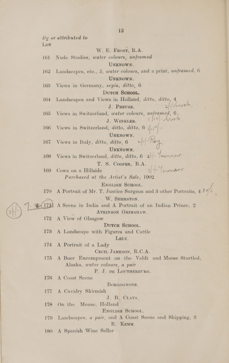 12 By or attributed to Lor W..E. Frost, R.A. 161 Nude Studies, water colours, unframed UNKNOWN. 162 Landscapes, etc., 5, water colours, and a print, unframed, 6 UNKNOWN. 163 Views in Germany, sepia, ditto, 6 DutcH ScHOOL. 164 Landscapes and Views in Holland, ditto, ditto, 4 J. PREUSE. &gt;| {9 ear IS 165 Views in Switzerland, water colours, unframed, 6, J. WINKLER. ) . \ AAS 166 Views in Switzerland, ditto, ditto, 6 ls7] UNKNowWN. | io : 167 Views in Italy, ditto, ditto, 6 = &gt;{-|~ cae UNKNOWN. ae 168 Views in Switzerland, ditto, ditto, 6 af-/- lows T. S. Cooper, R.A. fe 169 Cows on a Hillside Be ~ | ewer a Purchased at the Artist’s Sale, 1902. ENGLISH SCHOOL. / —— W. SHERSTON. A | ie WvC17JA A Scene in India and A Portrait of an Indian Prince, 2 Cis ATKINSON GRIMSHAW. 172 A View of Glasgow Dutcu ScHoo.. 173 A Landscape with Figures and Cattle LELy. 174 A Portrait of a Lady Ceci, JAMESON, R.C.A. 175 A Boer Encampment on the Veldt and Moose Startled, Alaska, water colours, a pair P. J. pe LouTHERBURG. 176 A Coast Scene BORGOGNONE. 177 A Cavalry Skirmish J, i DeeoAYS, 178 On the Meuse, Holland ENGLISH SCHOOL. R. Kemo. 180 A Spanish Wine Seller ,