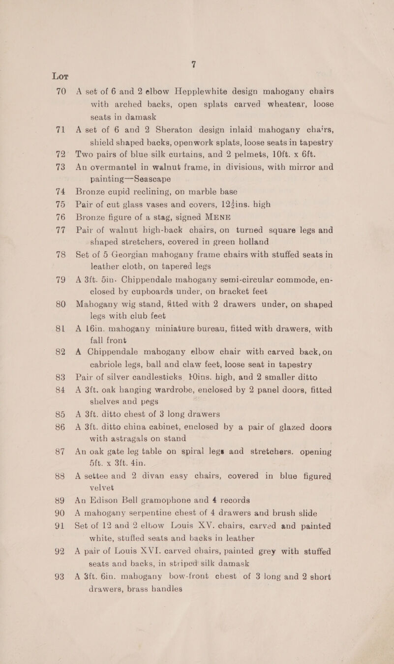 70 A set of 6 and 2 elbow Hepplewhite design mahogany chairs with arched backs, open splats carved wheatear, loose seats in damask A set of 6 and 2 Sheraton design inlaid’ mahogany chairs, shield shaped backs, openwork splats, loose seats in tapestry Two pairs of blue silk curtains, and 2 pelmets, 10ft. x 6ft. An overmantel in walnut frame, in divisions, with mirror and painting—Seascape Bronze cupid reclining, on marble base Pair of cut glass vases and covers, 12sins. high Bronze figure of a stag, signed MENE Pair of walnut high-back chairs, on turned square legs and shaped stretchers, covered in green holland Set of 5 Georgian mahogany frame chairs with stuffed seats in leather cloth, on tapered legs A 3ft. din. Chippendale mahogany semi-circular commode, en- closed by cupboards under, on bracket feet Mahogany wig stand, fitted with 2 drawers under, on shaped legs with club feet — A 16in. mahogany miniature bureau, fitted with drawers, with fall front A Chippendale mahogany elbow chair with carved back, on cabriole legs, ball and claw feet, loose seat in tapestry Pair of silver candlesticks, tOins. high, and 2 smaller ditto A 3ft. oak hanging wardrobe, enclosed by 2 panel doors, fitted shelves and pegs A 3ft. ditto chest of 3 long drawers A 3ft. ditto china cabinet, enclosed by a pair of glazed doors with astragals on stand | An oak gate leg table on spiral legs and stretchers. opening 5ft. x 3ft. 4in. | A settee and 2 divan easy chairs, covered in blue figured velvet Au Edison Bell gramophone and 4 records A mahogany serpentine chest of 4 drawers and brush slide Set of 12 and 2 elbow Louis XY. chairs, carved and painted white, stuffed seats and backs in leather A pair of Louis XVI. carved chairs, painted grey with stuffed seats and backs, in striped silk damask A Sit. 6in. mahogany bow-front chest of 3 long and 2 short drawers, brass handles
