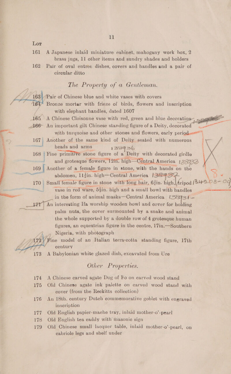 Lot 161 A Japanese inlaid miniature cabinet, mahogany work hox, 2 brass jugs, 11 other items and sundry shades and holders 162 Pair of oval entree dishes, covers and handles and a pair of . circular ditto The Property of a Gentleman. ~’Pair of Chinese blue and white vases with covers  / ~*~ 46% Bronze mortar with frieze of birds, flowers and inscription . with elephant handles, dated 1607 165, .A Chinese Cloisonne vase with red, green and blue decoration .  _466* An important gilt Chinese standing figure of a Deity, decorated ‘: ‘ an s with turquoise and other stones and flowers, early periods ee Another of the same kind of Deity seated with numerous biel StS aR  anes heads and arms 13Sq ab \ VA 168 | Fine “primitive stone figure of a Deity with decorated girdle \ j and grotesque flowers, 12ii. high— -Céntral, America L233 {/ \ 169 | Another of a female figure in stone, with the hands on the a > May ie abdomen, Leia. pines Central America Iseqoe y ) * ‘ £704 Small female figure i in stone with long hair, 64in. high, a pRB 5 “Og ni vase in red © Ware, 5hin. high and a small bowl with Peo i PR __ in the form of animal masks—Central America (S892 f— é; ery: An interesting Ifa worship wooden howl and cover for boldind Rear or palm nuts, the cover surmounted by a snake and animal the whole supported by a double row of 4 grotesque human figures, an equestrian figure in the centre, 17in.—Southern vi. Nigeria, with photograph ‘So \ Fine model of an Italian terra-cotta standing figure, 17th ¥ century | 173 A Babylonian white glazed dish, excavated from Ure  Other Properties, 174 A Chinese carved agate Dog of Fo on carved wood stand 175 Old Chinese agate ink palette on carved wood stand with cover (from the Reckitts collection) 176 An 18th. century Dutch commemorative goblet with engraved inscription 177 Old English papier-mache tray, inlaid mother-o’-pearl 178 Old English tea caddy with masonic sign 179 Old Chinese small lacquer table, inlaid mother-o’-pearl, on cabriole legs and shelf under