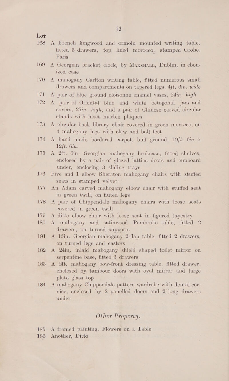 184 185 186 i2 A French kingwood and ormolu mounted ‘writing table, fitted 3 drawers, top lined morocco, stamped Grohe, Paris : A Georgian bracket clock, by Marsuatu, Dublin, in ebon- ized case A mahogany Carlton writing table, fitted numerous small drawers and compartments on tapered legs, 4ft. 6in. wide A pair of blue ground cloisonne enamel vases, 24in. high A. pair of Oriental blue and white octagonal jars and covers, 27in. high, and a pair of Chinese carved circular stands with inset marble plaques A circular back library chair covered in green morocco, on 4 mahogany legs with claw and ball feet A hand made bordered carpet, buff ground, 19ft. 6in. x 12ft. Gin. A 2ft. 6in. Georgian mahogany bookcase, fitted shelves, enclosed by a pair of glazed lattice doors and cupboard under, enclosing 8 sliding trays Five and 1 elbow Sheraton mahogany chairs with stuffed seats in stamped velvet An Adam carved mahogany elbow chair with stuffed seat in green twill, on fluted legs A pair of Chippendale mahogany chairs with loose seats covered in green twill A ditto elbow chair with loose seat in figured tapestry A mahogany and satinwcod Pembroke table, fitted 2 drawers, on turned supports A 1din. Georgian mahogany 2-flap table, fitted 2 drawers, on turned legs and castors A 24in. inlaid mahogany shield shaped toilet mirror on serpentine base, fitted 38 drawers A 2ft. mahogany bow-front dressing table, fitted drawer, enclosed by tambour doors with oval mirror and large plate glass top A mahogany Chippendale pattern wardrobe with dental cor- nice, enclosed by 2 panelled doors and 2 long drawers under Other Property. A framed painting, Flowers on a Table Another, Ditto