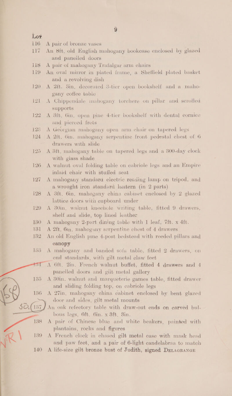 Lot 116 A pair of bronze vases 117 An 8ft. old English mahogany bookease enclosed by glazed and paneiled doors 118 A pair of mahogany Trafalgar arm chairs 1i9 An oval mirror in plated frame, a Sheffield plated basket and a revolving dish 120 A 2ft. 3m, decorated 8-tier open bookshelf and a maho- gany cottee table 121 A Chippendale mahogany torchere on pillar and scrolled Supports 122 A 3it. Gin. open pine 4-tier bookshelf with dental cornice and pierced frets 128 A Georgian mahogany open arm chair on tapered legs 124 A 2ft. Gin. mahogany serpentine front pedestal chest of 6 drawers with slide 125 A 8ft, mahogany table on tapered legs and a 300-day clock with yiass shade 126 A walnut oval folding table on cabriole legs and an Empire inlaid chair with stuffed seat 127 A mahogany standard electric reading lamp on tripod, and a wrought iron standard laitern (in 2 parts) i128 A dft. Gin. mahogany china cabinet enclosed by 2 glazed lattice doors with cupboard under 129 A 80in, walnut kneebcle writing table, fitted 9 drawers, Shelf and slide, top lined leather 180 A mahogany 2-part dining table with 1 leaf, Tit. x 4ft. 131 A 2ft. 6in. mahoguny serpentine chest of 4 drawers 1382 An old English pine 4-post bedstead with reeded, pillars and canopy 163 A mahogany and banded sota table, fitted 2 drawers, on end standards, with gilt metal claw feet A 6ft, 2in, French walnut buffet, fitted 4 drawers and 4 panelled doors and gilt metal gallery A 80in. walnut and marqueterie games table, fitted drawer and sliding folding top, on cabriole legs A 27in. mahogany china cabinet enclosed by bent glazed door and sides, gilt metal mounts An oak refectory table with draw-out ends on earved bul- bous legs, 6ft. 6in. x 8ft. 3in. A pair of Chinese blue and white beakers, painted with plantains, rocks and figures 1389 A French clock in chased gilt metal case with mask head and paw feet, and a pair of 6-light candelabraa to match 140 A life-size gilt bronze bust of Judith, signed DrLAGRANGE 