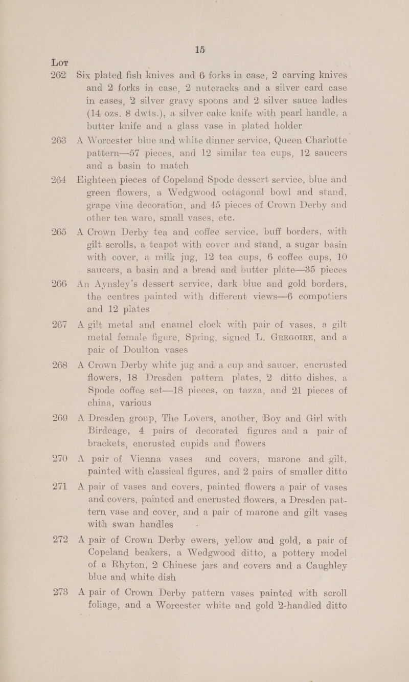 265 268 273 15 Six plated fish knives and 6 forks in case, 2 carving knives nd 2| forks in case, 2 nutcracks and a silver card case in cases, 2 silver gravy spoons and 2 silver sauce ladles (14, ozs. 8 dwts.), a silver cake knife with pearl handle, a butter knife and a glass vase in plated holder A Worcester blue and white dinner service, Queen Charlotte pattern—57 pieces, and 12 similar tea cups, 12 saucers and a basin to match Kighteen pieces of Copeland Spode dessert service, blue and ereen flowers, a Wedgwood octagonal bowl and stand, grape vine decoration, and 45 pieces of Crown Derby and other tea ware, small vases, etc. A Crown Derby tea and coffee service, buff borders, with gilt scrolls, a teapot with cover and stand, a sugar basin with cover, a milk jug, 12 tea cups, 6 coffee cups, 10 saucers, a basin and a bread and butter plate—35 pieces An Aynsley’s dessert service, dark-blue and gold borders, the centres painted with different views—6 compotiers and 12 plates A gilt metal and enamel clock with pair of vases, a gilt metal female figure, Spring, signed L. Grecorre, and a pair of Doulton vases A Crown Derby white jug and a cup and saucer, encrusted flowers, 18 Dresden pattern plates, 2 ditto dishes, a Spode coffee set—18 pieces, on tazza, and 2 pieces of china, various A Dresden, group, The Lovers, another, Boy and Girl with Birdcage, 4 pairs of decorated figures and a_ pair of brackets, encrusted cupids and flowers A pair of Vienna vases and covers, marone and gilt, painted with ciassical figures, and 2 pairs of smaller ditto A pair of vases and covers, painted flowers a pair of vases and covers, painted and encrusted flowers, a Dresden pat- tern, vase and cover, and a pair of marone and gilt vases with swan handles , A pair of Crown Derby ewers, yellow and gold, a pair of Copeland beakers, a Wedgwood ditto, a pottery model of a Rhyton, 2 Chinese jars and covers and a Caughley blue and white dish A pair of Crown Derby pattern vases painted with scroll foliage, and a Worcester white and gold 2-handled ditto