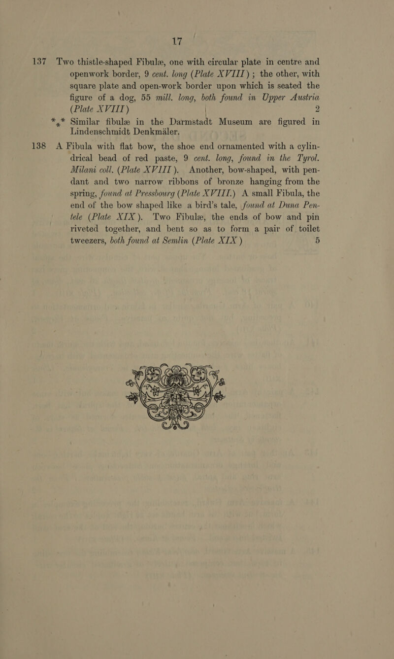 17 137 Two thistle-shaped Fibulx, one with circular plate in centre and openwork border, 9 cent. long (Plate XVIII) ; the other, with square plate and open-work border upon which is seated the figure of a dog, 55 mill. long, both found in Upper Austria (Plate XVIIT) | 2 *,/* Similar fibule in the Darmstadt Museum are figured in Lindenschmidt Denkmaler. 138 <A Fibula with flat bow, the shoe end ornamented with a cylin- drical bead of red paste, 9 cent. long, found in the Tyrol. Milam coll. (Plate XVIII). Another, bow-shaped, with pen- dant and two narrow ribbons of bronze hanging from the spring, found at Pressbourg (Plate XVIII.) A small Fibula, the end of the bow shaped like a bird’s tale, found at Duna Pen- tele (Plate XIX). Two Fibule, the ends of bow and pin riveted together, and bent so as to form a pair of. toilet tweezers, both found at Semlin (Plate XIX ) 5 