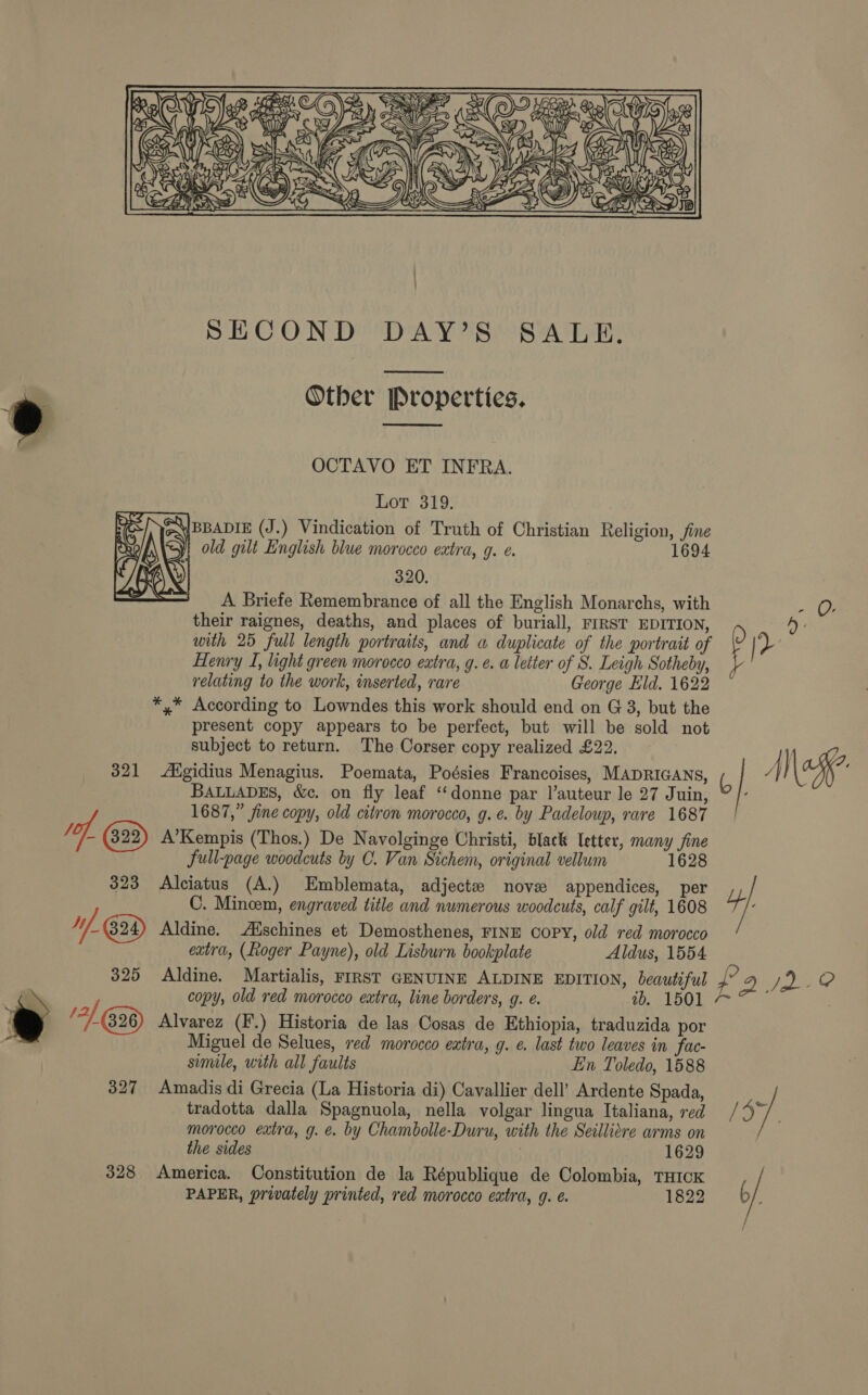  SECOND DAY’S SALE. Other Properties.   OCTAVO ET INFRA. Lot 319. BBADIE (J.) Vindication of Truth of Christian Religion, ine 1694 <a (a A \\ 0 <y} old gilt English blue morocco extra, g. ¢. COND 320. es A Briefe Remembrance of all the English Monarchs, with their raignes, deaths, and places of buriall, FIRST EDITION, with 25 full length portraits, and a duplicate of the portrait of Henry I, light green morocco extra, g. e. a letter of S. Leigh Sotheby, relating to the work, inserted, rare George Eld. 1622 *,* According to Lowndes this work should end on G 3, but the present copy appears to be perfect, but will be sold not subject to return. The Corser copy realized £22. 321 Atgidius Menagius. Poemata, Poésies Francoises, MADRIGANS, BALLADES, &amp;c. on fly leaf ‘“‘donne par |’auteur le 27 Juin, 1687,” fine copy, old citron morocco, g.e. by Padeloup, rare 1687 / of. A’Kempis (Thos.) De Navolginge Christi, black letter, many fine full-page woodcuts by C. Van Sichem, original vellum 1628 323 Alciatus (A.) Emblemata, adjectee nove appendices, per C. Mincem, engraved title and numerous woodcuts, calf gilt, 1608 W/,. 22) Aldine. Aischines et Demosthenes, FINE COPY, old red morocco extra, (Roger Payne), old Lisburn bookplate Aldus, 1554 325 Aldine. Martialis, FIRST GENUINE ALDINE EDITION, beautiful és copy, old red morocco extra, line borders, g. e. ab. 1501 e f 7/628) Alvarez (I'.) Historia de las Cosas de Ethiopia, traduzida por Miguel de Selues, ved morocco extra, g. ¢. last two leaves in fac- simile, with all faults En Toledo, 1588 327 Amadis di Grecia (La Historia di) Cavallier dell’ Ardente Spada, tradotta dalla Spagnuola, nella volgar lingua Italiana, red morocco extra, g. e. by Chambolle-Duru, with the Seillicre arms on    the sides 1629 328 America. Constitution de la République de Colombia, THICK PAPER, privately printed, red morocco extra, 9. ¢. 1822 4} £2 Jon 3] |.