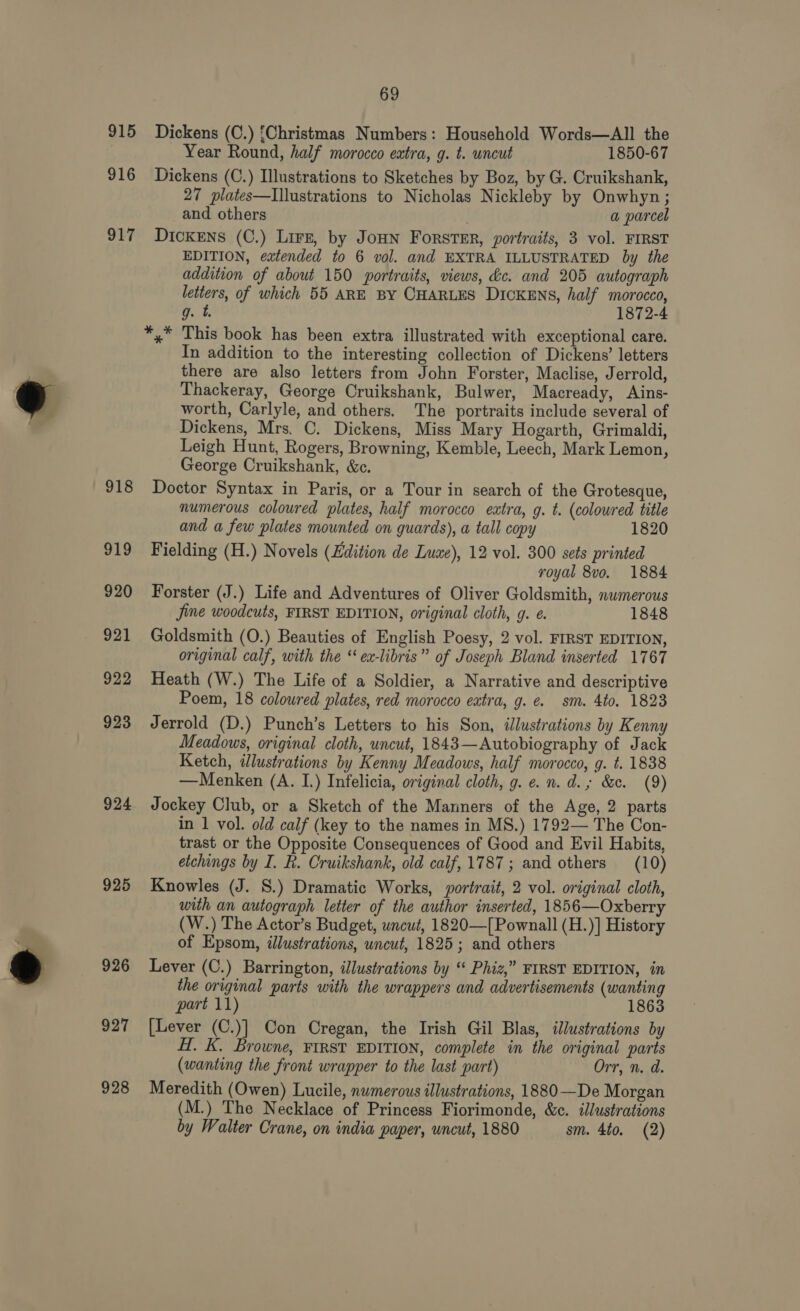 915 916 917 918 920 924 925 926 927 928 69 Dickens (C.) {Christmas Numbers: Household Words—All the Year Round, half morocco eatra, g. t. uncut 1850-67 Dickens (C.) Illustrations to Sketches by Boz, by G. Cruikshank, 27 plates—Illustrations to Nicholas Nickleby by Onwhyn; and others a parcel Dickens (C.) Lirz, by JoHn Forster, portraits, 3 vol. FIRST EDITION, extended to 6 vol. and EXTRA ILLUSTRATED by the addition of about 150 portraits, views, dc. and 205 autograph letters, of which 55 ARE BY CHARLES DICKENS, half morocco, g. t. 1872-4 In addition to the interesting collection of Dickens’ letters there are also letters from John Forster, Maclise, Jerrold, Thackeray, George Cruikshank, Bulwer, Macready, Ains- worth, Carlyle, and others. The portraits include several of Dickens, Mrs. C. Dickens, Miss Mary Hogarth, Grimaldi, Leigh Hunt, Rogers, Browning, Kemble, Leech, Mark Lemon, George Cruikshank, &amp;c. Doctor Syntax in Paris, or a Tour in search of the Grotesque, numerous coloured plates, half morocco extra, g. t. (coloured title and a few plates mounted on guards), a tall copy 1820 Fielding (H.) Novels (Edition de Luxe), 12 vol. 300 sets printed royal 8vo. 1884 Forster (J.) Life and Adventures of Oliver Goldsmith, numerous jine woodcuts, FIRST EDITION, original cloth, g. e. 1848 Goldsmith (O.) Beauties of English Poesy, 2 vol. FIRST EDITION, original calf, with the ex-libris” of Joseph Bland inserted 1767 Heath (W.) The Life of a Soldier, a Narrative and descriptive Poem, 18 coloured plates, red morocco extra, g. e. sm. 4to. 1823 Jerrold (D.) Punch’s Letters to his Son, illustrations by Kenny Meadows, original cloth, uncut, 1843—Autobiography of Jack Ketch, illustrations by Kenny Meadows, half morocco, g. t. 1838 —Menken (A. I.) Infelicia, original cloth, g. e. n. d.; &amp;c. (9) Jockey Club, or a Sketch of the Manners of the Age, 2 parts in 1 vol. old calf (key to the names in MS.) 1792— The Con- trast or the Opposite Consequences of Good and Evil Habits, etchings by I. R. Cruikshank, old calf, 1787; and others (10) Knowles (J. S.) Dramatic Works, portrait, 2 vol. original cloth, with an autograph letter of the author inserted, 1856—Oxberry (W.) The Actor’s Budget, uncut, 1820—[Pownall (H.)] History of Epsom, illustrations, uncut, 1825; and others Lever (C.) Barrington, illustrations by “ Phiz,” FIRST EDITION, in the original parts with the wrappers and advertisements (wanting part 11) 1863 [Lever (C.)] Con Cregan, the Irish Gil Blas, illustrations by Hf. K. Browne, FIRST EDITION, complete in the original parts (wanting the front wrapper to the last part) Orr, n. d. Meredith (Owen) Lucile, numerous illustrations, 1880-—De Morgan (M.) The Necklace of Princess Fiorimonde, &amp;c. illustrations