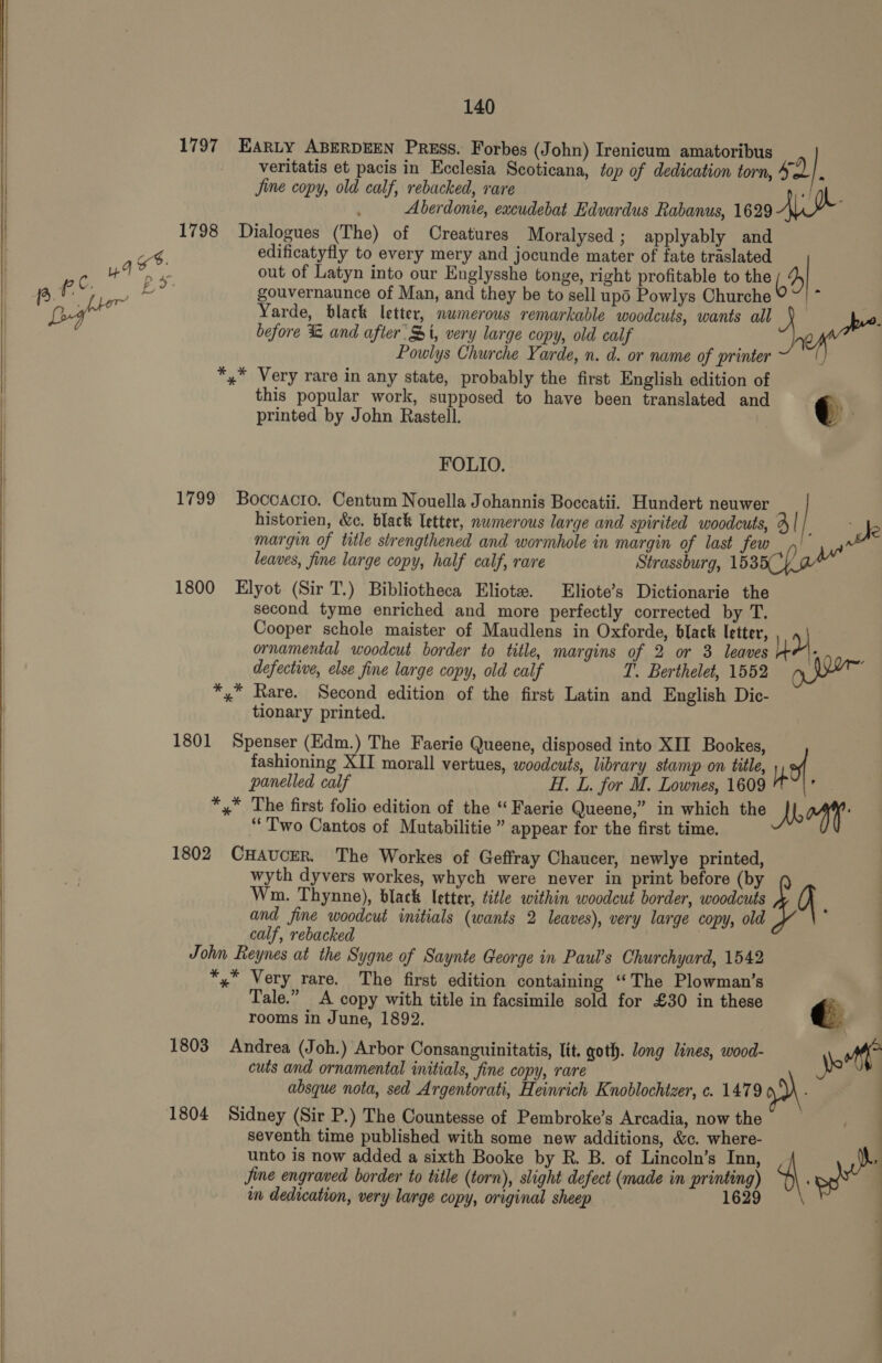   140 1797 EARLY ABERDEEN Press. Forbes (John) Irenicum amatoribus veritatis et pacis in Ecclesia Scoticana, top of dedication torn, so), jine copy, old calf, rebacked, rare AL: Aberdonie, eacudebat Edvardus Rabanus, 1629 LA 1798 Dialogues (The) of Creatures Moralysed ; applyably and edificatyfly to every mery and jocunde mater of fate traslated out of Latyn into our Englysshe tonge, right profitable to the 4 gouvernaunce of Man, and they be to sell upo Powlys Churche ° ~! * Yarde, black letter, numerous remarkable woodcuts, wants all 3 before 2 and after: Bi, very large copy, old calf So Powlys Churche Yarde, n. d. or name of printer y *,* Very rare in any state, probably the first English edition of this popular work, supposed to have been translated and q printed by John Rastell. - hel FOLIO. 1799 Boccacto. Centum Nouella Johannis Boccatii. Hundert neuwer historien, &amp;c. black letter, numerous large and spirited woodcuts, | an margin of title strengthened and wormhole in margin of last few : leaves, fine large copy, half calf, rare Strassburg, 15350 a4 1800 Elyot (Sir T.) Bibliotheca Eliote. Eliote’s Dictionarie the second tyme enriched and more perfectly corrected by T. Cooper schole maister of Maudlens in Oxforde, black letter, Dy ornamental woodcut border to title, margins of 2 or 3 leaves LH bai na defective, else fine large copy, old calf T. Berthelet, 1552 *,* Rare. Second edition of the first Latin and English Dic- tionary printed. 1801 Spenser (Edm.) The Faerie Queene, disposed into XII Bookes, fashioning XII morall vertues, woodcuts, library stamp on title, mn panelled calf H. L. for M. Lownes, 1609 : *,* The first folio edition of the “Faerie Queene,” in which the Nort: ‘Two Cantos of Mutabilitie” appear for the first time. 1802 CHAucER. The Workes of Geffray Chaucer, newlye printed, wyth dyvers workes, whych were never in print before (by Wm. Thynne), black letter, title within woodcut border, woodcuts O and fine woodcut initials (wants 2 leaves), very large copy, old calf, rebacked | John Reynes at the Sygne of Saynte George in Paul’s Churchyard, 1542 *, Very rare. The first edition containing “The Plowman’s Tale.” A copy with title in facsimile sold for £30 in these € rooms in June, 1892. 1803 Andrea (Joh.) Arbor Consanguinitatis, lit. goth. long lines, wood- ft cuts and ornamental initials, fine copy, rare absque nota, sed Argentorati, Heinrich Knoblochtzer, c. 1479 99. 1804 Sidney (Sir P.) The Countesse of Pembroke’s Arcadia, now the seventh time published with some new additions, &amp;c. where- unto is now added a sixth Booke by R. B. of Lincoln’s Inn, |; ine engrawed border to title (torn), slight defect (made in printing) : in dedication, very large copy, original sheep 1629 - : ‘ : ; ’