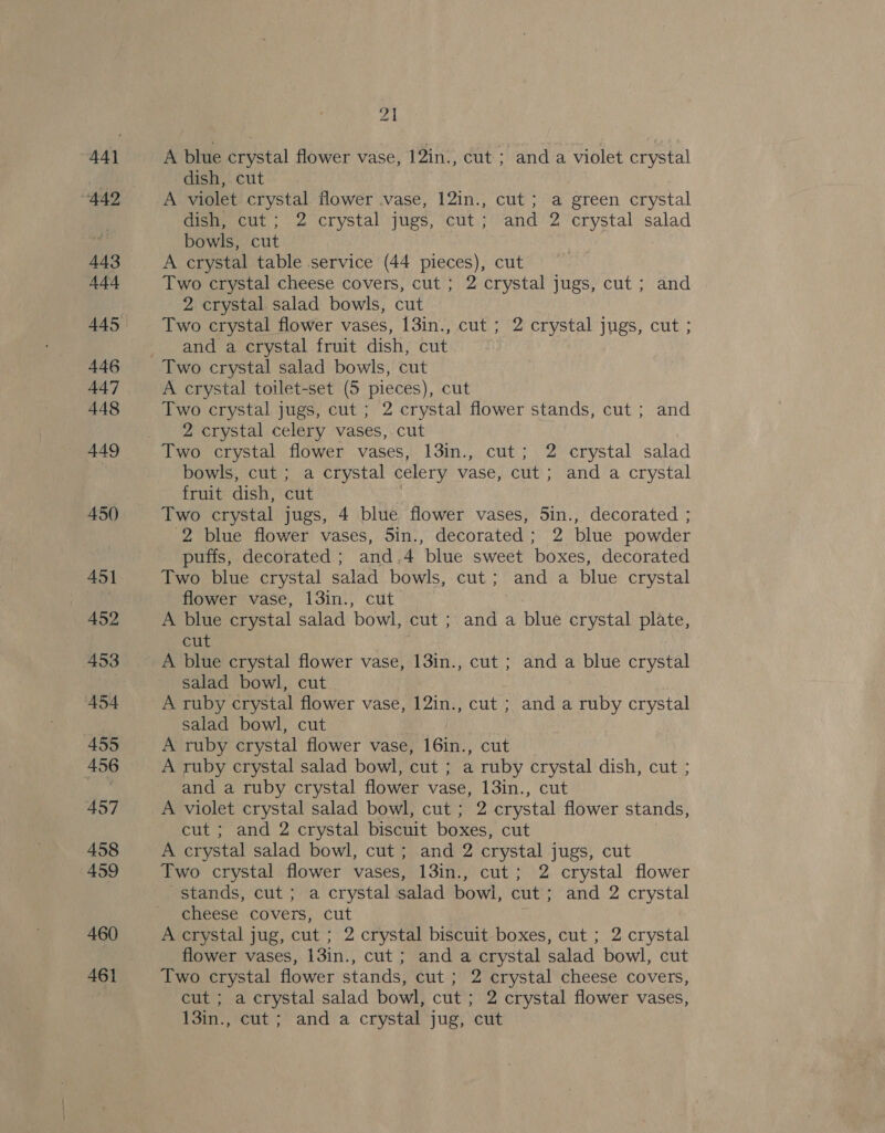 44) “442 443 444 445 446 447 448 449 450 451 452 453 454 455 456 457 458 459 460 21 A blue crystal flower vase, 12in., cut ; and a violet crystal dish, cut A violet crystal flower vase, 12in., cut ; a green crystal dish, cut; 2 crystal jugs, cut; and 2 crystal salad bowls, cut A crystal table service (44 pieces), cut Two crystal cheese covers, cut ; 2 crystal jugs, cut ; and 2 crystal salad bowls, cut Two crystal flower vases, 13in., cut ; 2 crystal jugs, cut ; and a crystal fruit dish, cut A crystal toilet-set (5 pieces), cut Two crystal jugs, cut ; 2 crystal flower stands, cut ; and 2 crystal celery vases, cut Two crystal flower vases, 13in., cut; 2 crystal salad bowls, cut ; a crystal celery vase, cut; and a crystal fruit dish, cut , Two crystal jugs, 4 blue flower vases, 5in., decorated ; 2 blue flower vases, 5in., decorated; 2 blue powder puffs, decorated ; and.4 blue sweet boxes, decorated Two blue crystal salad bowls, cut; and a blue crystal flower vase, 13in., cut | A blue crystal salad bowl, cut ; and a blue crystal plate, cut A blue crystal flower vase, 13in., cut ; and a blue crystal salad bowl, cut A ruby crystal flower vase, 12in., cut ; and a ruby crystal salad bowl, cut A ruby crystal flower vase, 16in., cut A ruby crystal salad bowl, cut ; a ruby crystal dish, cut ; and a ruby crystal flower vase, 13in., cut A violet crystal salad bowl, cut ; 2 crystal flower stands, cut ; and 2 crystal biscuit boxes, cut . A crystal salad bowl, cut; and 2 crystal jugs, cut Two crystal flower vases, 13in., cut; 2 crystal flower stands, cut ; a crystal salad bowl, cut; and 2 crystal cheese covers, cut A crystal jug, cut ; 2 crystal biscuit boxes, cut ; 2 crystal flower vases, 13in., cut ; and a crystal salad bowl, cut Two crystal flower stands, cut; 2 crystal cheese covers, cut ; a crystal salad bowl, cut ; 2 crystal flower vases, 13in., cut ; and a crystal jug, cut