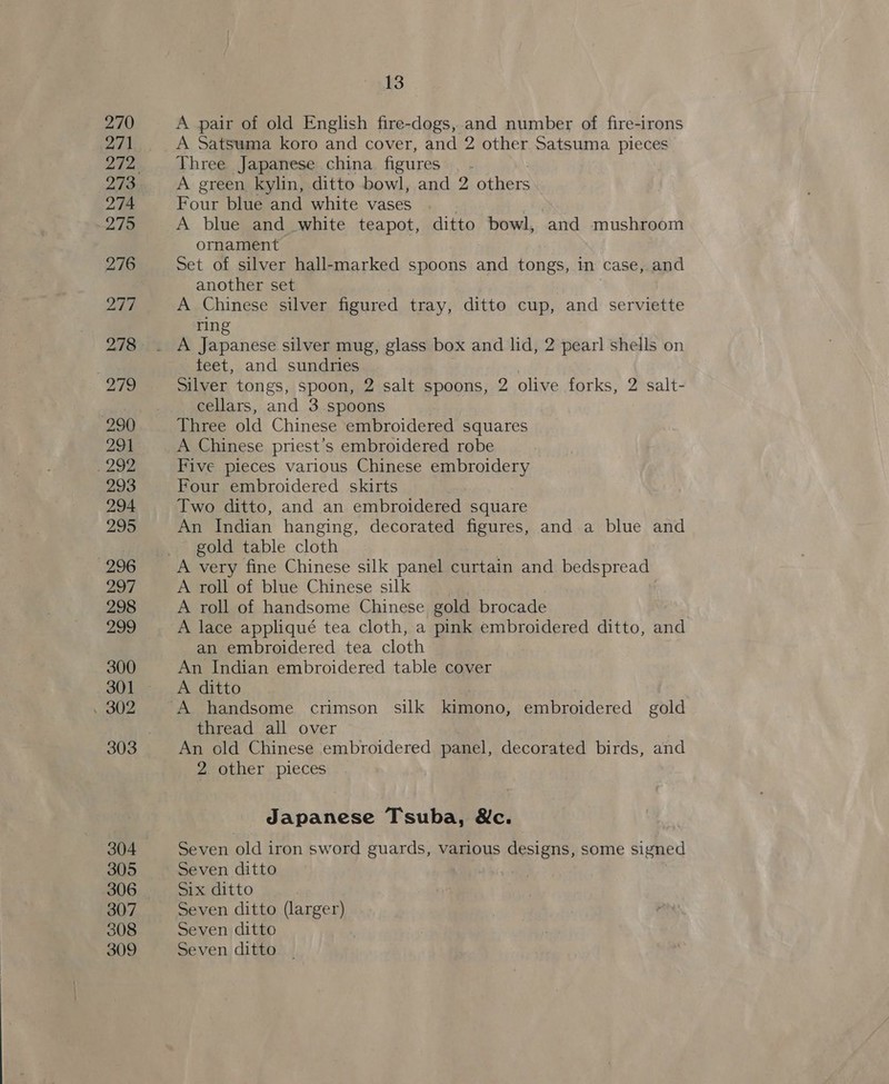 A pair of old English fire-dogs,.and number of fire-irons A Satsuma koro and cover, and 2 other Satsuma pieces Three Japanese china figures , A green kylin, ditto bowl, and 2 others Four blue and white vases A blue and white teapot, ditto bowl, and mushroom ornament Set of silver hall-marked spoons med tongs, in case, and another set A Chinese silver figured tray, ditto cup, and serviette ring teet, and sundries Silver tongs, spoon, 2 salt spoons, 2 olive forks, 2 salt- cellars, and 3 spoons Three old Chinese embroidered squares A Chinese priest’s embroidered robe Five pieces various Chinese embroidery Four embroidered skirts Two ditto, and an embroidered square An Indian hanging, decorated figures, and a blue and gold table cloth A very fine Chinese silk panel curtain and bedspread A roll of blue Chinese silk .Y A roll of handsome Chinese gold brocade A lace appliqué tea cloth, a pink embroidered ditto, and an embroidered tea cloth An Indian embroidered table cover A ditto A handsome crimson silk kimono, embroidered gold thread all over An old Chinese embroidered panel, decorated birds, and 2 other pieces Japanese Tsuba, &amp;c. Seven old iron sword guards, various designs, some signed Seven ditto | Six ditto Seven ditto (larger) Seven ditto Seven ditto
