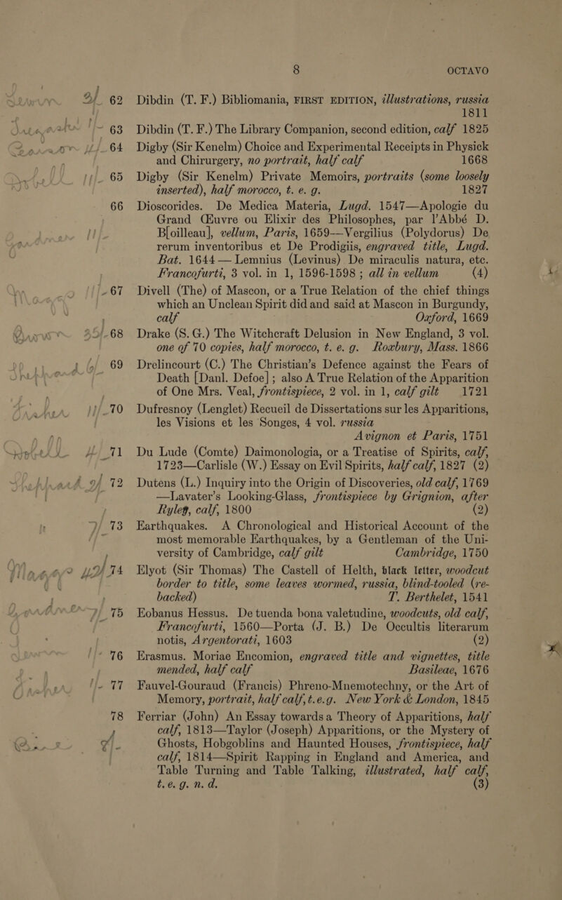 Dibdin (T. F.) Bibliomania, FIRST EDITION, ¢llustrations, russia 1811 Dibdin (T. F.) The Library Companion, second edition, calf 1825 Digby (Sir Kenelm) Choice and Experimental Receipts in Physick and Chirurgery, no portrait, half calf 1668 Digby (Sir Kenelm) Private Memoirs, portraits (some loosely inserted), half morocco, t. e. g. 1827 Dioscorides. De Medica Materia, Lugd. 1547—Apologie du Grand (Euvre ou Elixir des Philosophes, par Abbé D. Bloilleau], vellum, Paris, 1659-—Vergilius (Polydorus) De rerum inventoribus et De Prodigiis, engraved title, Lugd. Bat. 1644— Lemnius (Levinus) De miraculis natura, ete. Francofurti, 3 vol. in 1, 1596-1598 ; all in vellum (4) Divell (The) of Mascon, or a True Relation of the chief things which an Unclean Spirit did and said at Mascon in Burgundy, calf Oxford, 1669 Drake (S. G.) The Witchcraft Delusion in New England, 3 vol. one of 70 copies, half morocco, t. e.g. Roxbury, Mass. 1866 Drelincourt (C.) The Christian’s Defence against the Fears of Death [Danl. Defoe]; also A True Relation of the Apparition of One Mrs. Veal, frontispiece, 2 vol. in 1, calf gilé 1721 Dufresnoy (Lenglet) Recueil de Dissertations sur les Apparitions, les Visions et les Songes, 4 vol. russia Avignon e¢ Paris, 1751 Du Lude (Comte) Daimonologia, or a Treatise of Spirits, calf, 1723—Carlisle (W.) Essay on Evil Spirits, half calf, 1827 (2) Dutens (L.) Inquiry into the Origin of Discoveries, old calf, 1769 —TLawvater’s Looking-Glass, frontispiece by Grignion, after Ryleg, calf, 1800 (2) Earthquakes. A Chronological and Historical Account of the most memorable Earthquakes, by a Gentleman of the Uni- versity of Cambridge, calf gilt Cambridge, 1750 Elyot (Sir Thomas) The Castell of Helth, black letter, woodcut border to title, some leaves wormed, russia, blind-tooled (re- backed) T. Berthelet, 1541 Eobanus Hessus. De tuenda bona valetudine, woodcuts, old calf, Francofurti, 1560—Porta (J. B.) De Occultis literarum notis, Argentorati, 1603 (2) Erasmus. Moriae Encomion, engraved title and vignettes, title mended, half calf Basileae, 1676 Fauvel-Gouraud (Francis) Phreno-Mnemotechny, or the Art of Memory, portrait, half calf, t.e.g. New York &amp; London, 1845 Ferriar (John) An Essay towardsa Theory of Apparitions, half calf, 1813—Taylor (Joseph) Apparitions, or the Mystery of Ghosts, Hobgoblins and Haunted Houses, frontispiece, half calf, 1814—Spirit Rapping in England and America, and Table Turning and Table Talking, illustrated, half calf, t.e.g. n.d. (3)