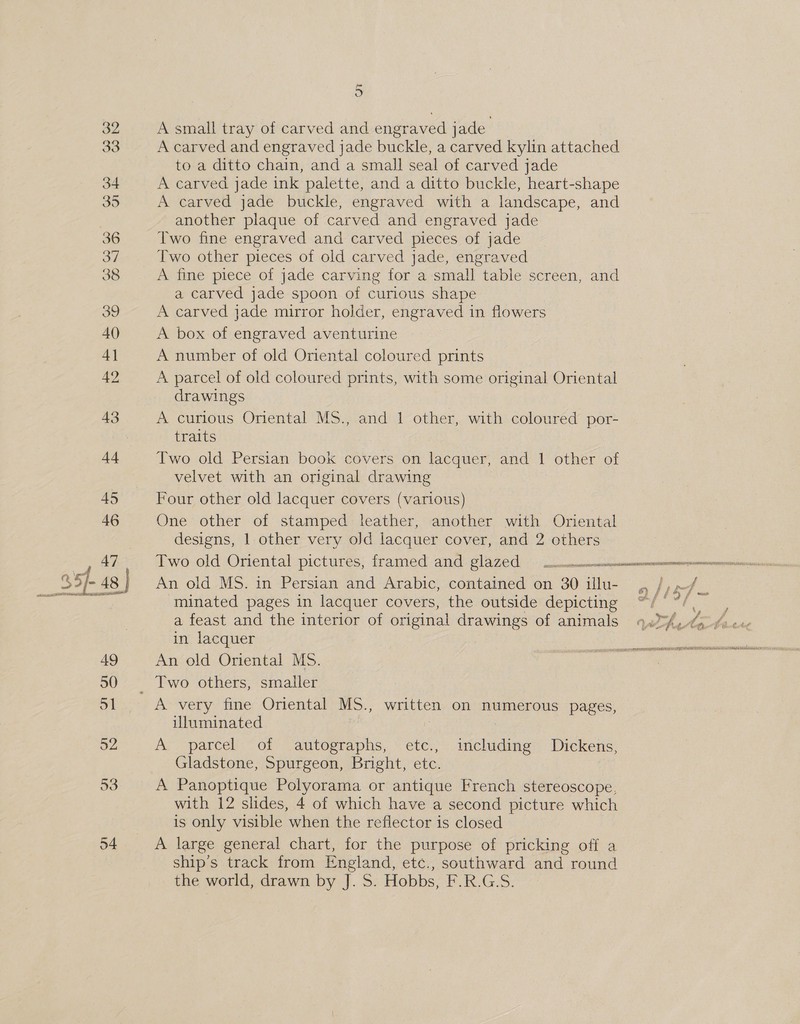 A small tray of carved and engraved jade A carved and engraved jade buckle, a carved kylin attached to a ditto chain, and a small seal of carved jade A carved jade ink palette, and a ditto buckle, heart-shape A carved jade buckle, engraved with a landscape, and another plaque of carved and engraved jade Two fine engraved and carved pieces of jade Two other pieces of old carved jade, engraved A fine piece of jade carving for a small table screen, and a carved jade spoon of curious shape A carved jade mirror holder, engraved in flowers A box of engraved aventurine A number of old Oriental coloured prints A parcel of old coloured prints, with some original Oriental drawings A curious Oriental MS., and 1 other, with coloured por- traits Two old Persian book covers on lacquer, and 1 other of velvet with an original drawing Four other old lacquer covers (various) One other of stamped leather, another with Oriental designs, 1 other very oJd lacquer cover, and 2 others An old MS. in Persian and Arabic, contained on 30 illu- , /,,¥4 minated pages in lacquer covers, the outside depicting ee in lacquer An old Oriental MS. A very fine Oriental Ms., written on numerous pages, illuminated AY parcel” Of antographs, ‘etc:, ae Dickens, Gladstone, Spurgeon, Bright, etc. | A Panoptique Polyorama or antique French stereoscope, with 12 slides, 4 of which have a second picture which is only visible when the reflector is closed A large general chart, for the purpose of pricking off a ship’s track from sae etc., southward and round the world, drawn by J. S . Hobbs, ERG SS: