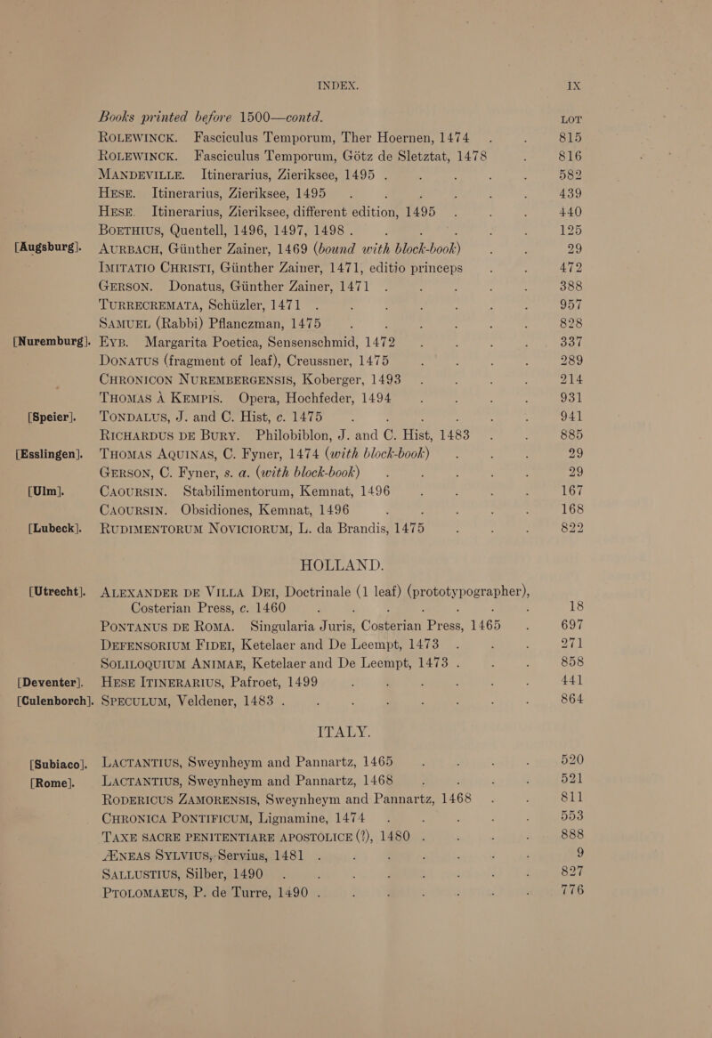 [Augsburg]. [Speier]. [Esslingen]. [Ulm]. [Lubeck]. [Utrecht]. [| Deventer]. [Subiaco]. [Rome]. INDEX. Books printed before 1500—contd. ROLEWINCK. Fasciculus Temporum, Ther Hoernen, 1474 MANDEVILLE. Itinerarius, Zieriksee, 1495 . HeEse. Itinerarius, Zieriksee, 1495 HeseE. Itinerarius, Zieriksee, different edition, 1495 BOoETHIUS, Quentell, 1496, 1497, 1498 . AURBACH, Giinther Zainer, 1469 (bound with Block: BOOB) IMITATIO CHRISTI, Giinther Zainer, 1471, editio princeps GERSON. Donatus, Giinther Zainer, 1471 TURRECREMATA, Schiizler, 1471 SAMUEL (Rabbi) Pflanczman, 1475 Eys. Margarita Poetica, Sensenschmid, 1472 Donatus (fragment of leaf), Creussner, 1475 CHRONICON NUREMBERGENSIS, Koberger, 1493 THomas A Kemps. Opera, Hochfeder, 1494 TONDALUS, J. and C. Hist, c. 1475 : RICHARDUS DE Bury. Philobiblon, J. and C. Hist, 1483 THomas AQuINAs, C. Fyner, 1474 (with block-book) GERSON, C. Fyner, s. a. (with block-book) CAOURSIN. Stabilimentorum, Kemnat, 1496 CAOURSIN. Obsidiones, Kemnat, 1496 RUDIMENTORUM Noviciorvum, L. da Brandis, 1475 HOLLAND. Costerian Press, c. 1460 DEFENSORIUM FIDEI, Ketelaer and De Leempt, 1473 SoLILoQuium ANIMAE, Ketelaer and De Leempt, 1478 . HESE ITINERARIUS, Pafroet, 1499 SPECULUM, Veldener, 1483 . ITALY. LACTANTIUS, Sweynheym and Pannartz, 1465 LACTANTIUS, Sweynheym and Pannartz, 1468 RODERICUS ZAMORENSIS, Sweynheym and Pannartz, 1468 CHRONICA PONTIFICUM, Lignamine, 1474 TAXE SACRE PENITENTIARE APOSTOLICE (2), 1480 AENEAS SYLVIUS,; Servius, 1481 SALLUSTIUS, Silber, 1490 PTOLOMAEUS, P. de Turre, 1490 . IX LOT 815 816 582 439 440 125 29 472 388 957 828 337 289 214 931 941 885 29 29 167 168 822