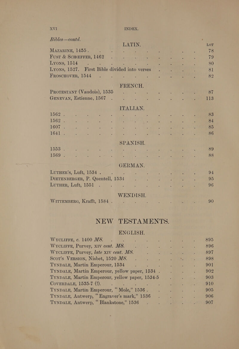 Bibles—contd. ‘ LATIN. LOT MAZARINE, 1455. : ; : ; ; : : 78 Fust &amp; SCH@FFER, 1462. : : ; : z ‘ ; res, Lyons, 1514 : ‘ : . : . ; 5 80 Lyons, 1527. First Bible divided into verses . : : 81 FROSCHOVER, 1544 _—. ; E 3 : : : : : 82 FRENCH. PROTESTANT (Vaudois), 1535 ve 87 GENEVAN, Estienne, 1567 _ . : : : : : ; : 113 ITALIAN. To 2ae 5 : : : 4 ; : ; : ; : 83 1562 . : : 3 : : é ; , 4 : 5 84 1607 . , ; ; . ; : i : f { , 85 1641 . : 4 : ; , : : , : : ; 86 SPANISH. Lowes. ' : : : . : . : : : : 89 1569 : : ‘ : 4 ; : : ; : : 88 GERMAN. LUTHER’S, Luft, 1534 . : ; . : : ; . 94 DIETENBERGER, P. Quentell, 1534 P f , . ? : 95 LUTHER, Luft, 1551. ; ; ; ; ; : - : 96 WENDISH. WITTEMBERG, Krafft, 1584 . : , : : } 4 90 NEW TESTAMENTS. ENGLISH. WYCLIFFE, c. 1400 MS... 895 WYCLIFFE, Purvey, xiv cent. MS. ; P ; : 896 WYCLIFFE, Purvey, date xiv cent. MS. ' : 897 Scot’s VERSION, Nisbet, 1520 WS... ' : . ’ 898 TYNDALE, Martin Emperour, 1534 : ; : : 5 901 TYNDALE, Martin Emperour, yellow paper, 1534 . : : 902 TYNDALE, Martin Emperour, yellow paper, 1534-5 : ; 5 903 COVERDALE, 1535-7 (2). ; 910 TYNDALE, Martin Emperour, “ Mole,” 1536 . , 905 TYNDALE, Antwerp, “ Engraver’s mark,” 1536. : : 906 TYNDALE, Antwerp, © Blankstone,” 1536. : ; : 907