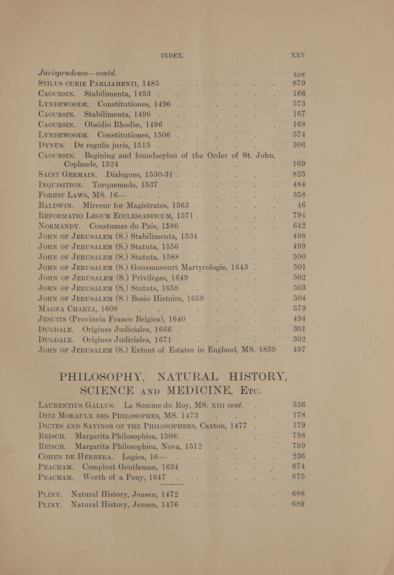 Jurisprudence— contd. STILUS CURIE PARLIAMENTI, 1485 CAOURSIN. Stabilimenta, 1493 LYNDEWOODE. Constitutiones, 1496 CAOURSIN. Stabilimenta, 1496 CAOURSIN. Obsidio Rhodiax, 1496 LYNDEWOODE. Constitutiones, 1506 Dynus. De regulis juris, 1515 CAOURSIN. Begining and mage Op of ite eich of St. arin Coplande, 1524 SAINT GERMAIN. Dialogues, 1530- sy INQUISITION. 'Torquemada, 1537 Forest Laws, MS. 16— i BALDWIN. Mirrour for Magistrates, 1563 REFORMATIO LEGuM ECCLESIASTICUM, 1571 . NORMANDY. Coustumes du Pais, 1586 JOHN OF JERUSALEM (S.) Stabilimenta, 1534 JOHN OF JERUSALEM (S.) Statuta, 1556 JOHN OF JERUSALEM (S.) Statuta, 1588 JOHN OF JERUSALEM (S.) Goussancourt Martyrologie, 1643 JOHN OF JERUSALEM (S.) Priviléges, 1649 JOHN OF JERUSALEM (S.) Statuts, 1658 JOHN OF JERUSALEM (S.) Bosio Histoire, 1659 MaGna CHARTA, 1608 JESUITS (Provincia. Franco Belgica), 1640 DUGDALE. Origines Judiciales, 1666 DUGDALE. Origines Judiciales, 1671 JOHN OF JERUSALEM (S.) Extent of Estates in meeieial MS. 1839 SCIENCE ann MEDICINE, Ere. LAURENTIUS GALLUS. La Somme du Roy, MS. xi cent. Ditz MoRAULX DES PHILOSoPHES, MS. 1473 : DICTES AND SAYINGS OF THE PHILOSOPHERS, Caxton, 1477 Re1scH. Margarita Philosophica, 1508. ReiscH. Margarita Philosophica, Nova, 1512 CoHEN DE Herrera. Logica, 16— PEACHAM. Compleat Gentleman, 1634 PEACHAM. Worth of a Peny, 1647 Puiny. Natural History, Jensen, 1472 Puiny. Natural History, Jensen, 1476 536 Pee Lia 798 (ok, 236 674 675 688 689