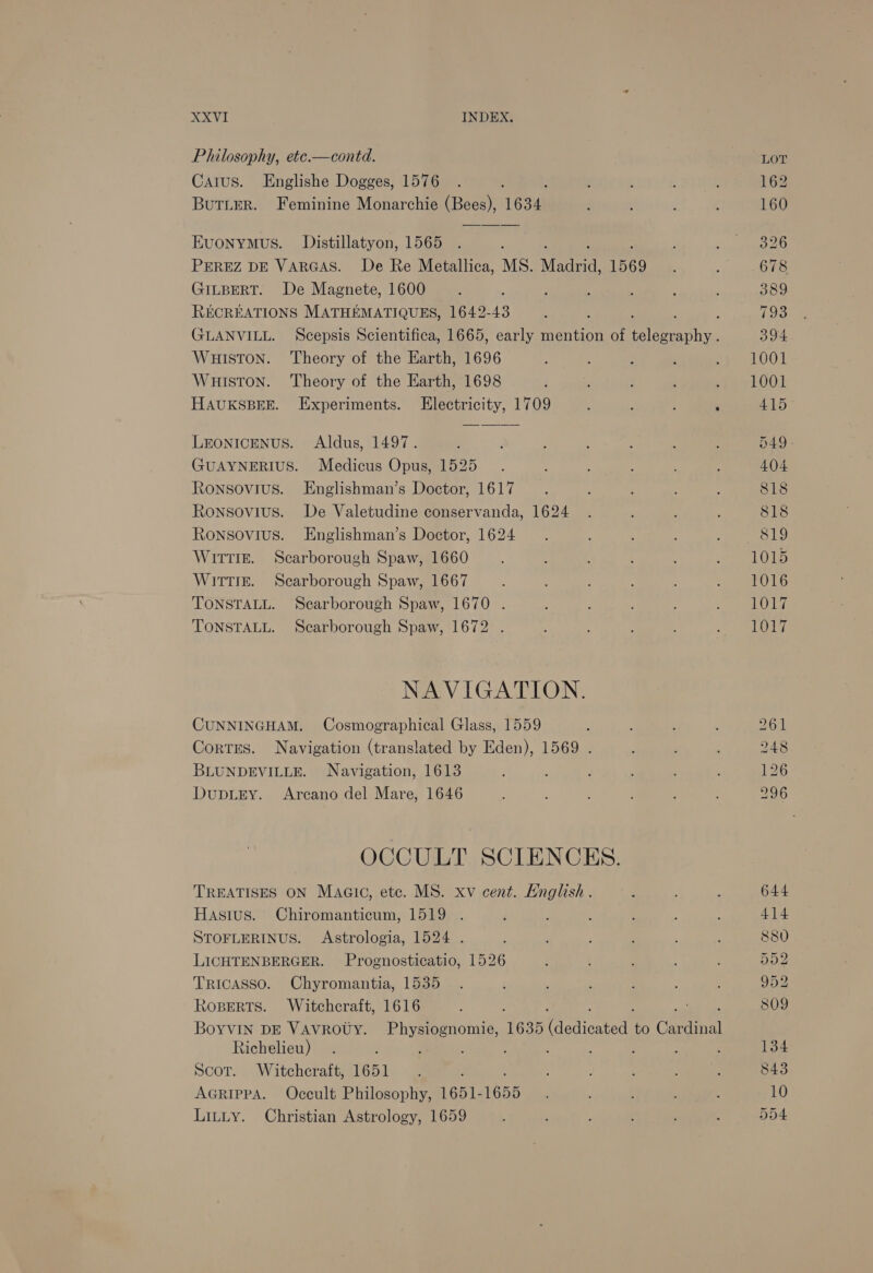 Philosophy, etc.—contd. Caius. Englishe Dogges, 1576 BuTLER. Feminine Monarchie eal 1634 Evonymus. Distillatyon, 1565 PEREZ DE VARGAS. De Re Metallica, MS. Madrid, 1569 GILBERT. De Magnete, 1600 RECREATIONS MATHEMATIQUES, 1642-43 : GLANVILL. Scepsis Scientifica, 1665, early mention of Pel anice WHISTON. Theory of the Earth, 1696 WHISTON. Theory of the Earth, 1698 : HAUKSBEE. Experiments. Electricity, 1709 : : : ; LEONICENUS. Aldus, 1497. GUAYNERIUS. Medicus Opus, 1525 Ronsovius. Englishman’s Doctor, 1617 Ronsovius. De Valetudine conservanda, 1624 Ronsovius. Englishman’s Doctor, 1624 WITTIE. Scarborough Spaw, 1660 WiITTIE. Scarborough Spaw, 1667 TONSTALL. Searborough Spaw, 1670 . TONSTALL. Scarborough Spaw, 1672 . NAVIGATION. CUNNINGHAM. Cosmographical Glass, 1559 Cortes. Navigation (translated by Eden), 1569 . BLUNDEVILLE. Navigation, 1613 Duprey. Arcano del Mare, 1646 OCCULT SCIENCES. TREATISES ON Maaic, ete. MS. xv cent. English. Hasius. Chiromanticum, 1519 STOFLERINUS. Astrologia, 1524 . LICHTENBERGER. Prognosticatio, 1526 Tricasso. Chyromantia, 1535 Roperts. Witchcraft, 1616 BoYVIN DE VAVROUY. ee aa 1635 {aodicatets to Caen Richelieu) i Scor. Witchcraft, 1651 AGRIPPA. Occult Philosophy, 1651- 1655 Litty. Christian Astrology, 1659