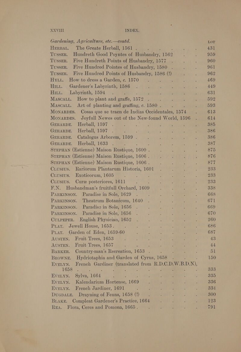 fyi: HLT: HILL. Five Hundred Points of Husbandry, 1586 (2) How to dress a Garden, c. 1570 Gardener’s Labyrinth, 1586 Labyrinth, 1594 PCAT Pia Jewell House, 1653. Garden of Eden, 1659-60 REA. Compleat Gardener’s Practice, 1664 Flora, Ceres and Pomona, 1665.