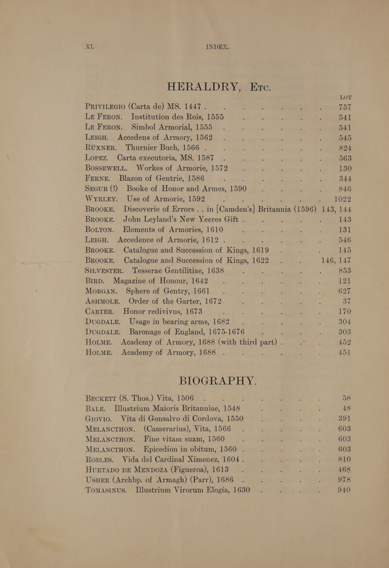 HERALDRY, Ere. LOT PRIVILEGIO (Carta de) MS. 1447 . . : 757 Le Freron. Institution des Rois, 1555 . ; ; ] 541 Le Feron. Simbol Armorial, 1555. : , } 541 LeicH. Accedens of Armory, 1562. s ; : “ : 545 R@xner! | Thurnier Bich; 41566). . . wean Gast sbugui ee Lopez. Carta executoria, MS. 1587 . : ’ 563 BossEWELL. Workes of Armorie, 1572 ; ‘ , : : 130 FERNE. Blazon of Gentrie, 1586 , ; ; : : , 344 Srcur (?) Booke of Honor and Armes, 1590 ; ; : 846 Wyruey. Use of Armorie, 1592 : a sO Brooke. Discoverie of Errors .. in i Gatiden: s| Bates (1596) LAS add. Brooke. John Leyland’s New Yeeres Gift . ; : ! 143 Botton. Elements of Armories, 1610 ‘ ; : ioe. LeicH. Accedence of Armorie, 1612 . ; : 546 Brooke. Catalogue and Succession of Kings, 1619 ; 145 BROOKE. Catalogue and Succession of Kings, 1622. . 146, 147 SILVESTER. ‘Tesserae Gentilitiae, 1638 ; ; ; : : 853 Brrp. Magazine of Honour, 1642 ; 4 : : 121 MorGAN. Sphere of Gentry, 1661 . ; , : 5 627 ASHMOLE. Order of the Garter, 1672 : : : P : Boh CARTER. Honor redivivus, 1673 ae oe 170 DUGDALE. Usage in bearing arms, 1682 __.. ; ' , 304 DuGpALE. Baronage of England, 1675-1676 : ; 303 Houtmer. Academy of Armory, 1688 (with third part) . OR ke =: 452 Hotme. Academy of Armory, 1688 . : : ' 451 BIOGRAPHY. Beckett (S. Thos.) Vita, 1506. : ' 58 Bate. Illustrium Maioris Britanniae, 1548 ; 4 ; ; 48 Giovio. Vita di Gonsalvo di Cordova, 1550 } ; : 391 MELANCTHON. (Camerarius), Vita, 1566 . 5 é 603 MELANCTHON. Fine vitam suam, 1560 ; ! ; ; 603 MELANCTHON. Epicedion in obitum, 1560 . ; ; : 603 Rosues. Vida del Cardinal Ximenez, 1604 . é : , 810 Hurtapo DE MENDOZA (Figueroa), 1613. 468 Usuer (Archbp. of Armagh) (Parr), 1686. ' 978 ToMASINUS. Illustrium Virorum Elogia, 1630. ; ‘ 940