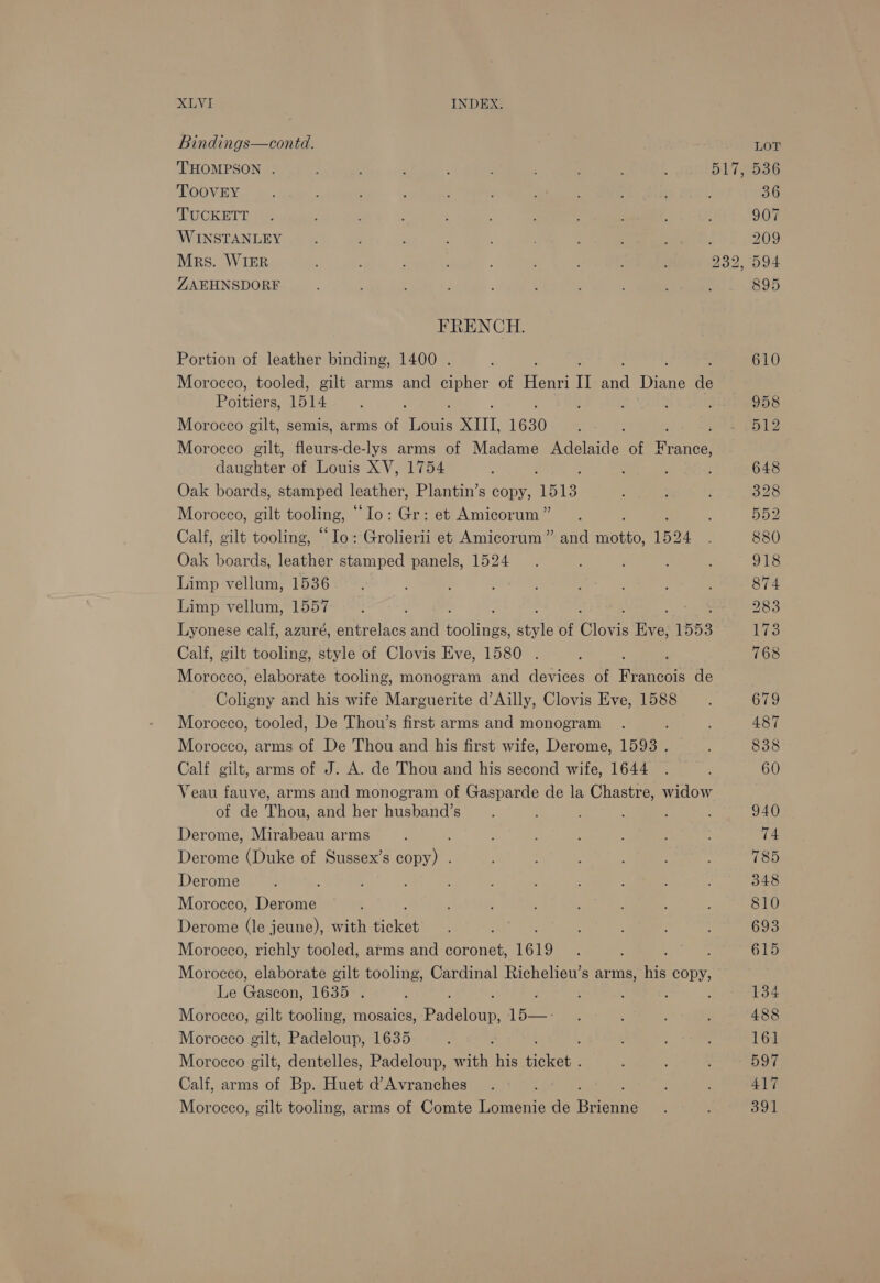  Bindings—contd. THOMPSON . ; ; i : : : : ; 5 TOOVEY TUCKETT WINSTANLEY : ; : , ; ; a ets Mrs. WIER : ' : : ; : uy ZAEHNSDORE FRENCH. Portion of leather binding, 1400 . Morocco, tooled, gilt arms and cipher of Henri II sil Dee de Poitiers 1514 Morocco gilt, semis, arms of ee XII 1630 Morocco gilt, fleurs-de-lys arms of Madame Adelaide of ee) daughter of Louis XV, 1754 Oak boards, stamped leather, Plantin’s copy, 1513 Morocco, gilt tooling, ” ‘Io: Gr: et Amicorum’ Calf, gilt tooling, “Io: Grolierii et Amicorum” and rate 1524 Oak boards, leather stamped panels, 1524 Limp vellum, 1536 Limp vellum, 1557 Lyonese calf, azuré, entrelacs and ANF sank of Ginn five. 1553 Calf, gilt tooling, style of Clovis Eve, 1580 . Morocco, elaborate tooling, monogram and devices of hecee de Coligny and his wife Marguerite d’Ailly, Clovis Eve, 1588 Morocco, tooled, De Thou’s first arms and monogram Morocco, arms of De Thou and his first wife, Derome, 1593 . Calf gilt, arms of J. A. de Thou and his second wife, 1644 Veau fauve, arms and monogram of Gasparde de la Chastre, widow of de Thou, and her husband’s Derome, Mirabeau arms Derome (Duke of Sussex’s copy) . Derome Morocco, Derome Derome (le jeune), with ticket Morocco, richly tooled, arms and coronet, 1619 17, Le Gascon! 1635°, ; Morocco, gilt tooling, mosaics, Padtloup: 15— Morocco gilt, Padeloup, 1635 Morocco gilt, dentelles, Padeloup, with his Paes Calf, arms of Bp. Huet d’Avranches Morocco, gilt tooling, arms of Comte Lomenie de Bee
