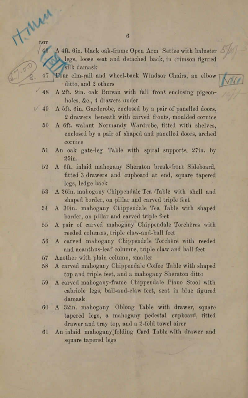  49 50 D9 60 61 6 - ditto, and 2 others | A 2ft. 9in. oak Bureau with fall front enclosing pigeon- holes, &amp;c., 4 drawers ander A 5ft. 6in. Garderobe, enclosed by a pair of panelled doors, 2 drawers beneath with carved fronts, moulded cornice A 6ft. walnut Normandy Wardrobe, fitted with shelves, enclosed by a pair of shaped and panelled doors, arched cornice An oak gate-leg Table with spiral supports, 27in. by 25in. A 6ft. inlaid mahogany Sheraton break-front Sideboard, fitted 3 drawers and cupboard at end, square eae legs, ledge back A 26in. mahogany Chippendale Tea ‘Table with shell and shaped border, on pillar and carved triple feet A 30in. mahogany Chippendale Tea Table with shaped border, on pillar and carved triple feet A pair of carved mahogany Chippendale Torchéres with reeded columns, triple claw-and-ball feet A carved mahogany Chippendale Torchére with reeded and acanthus-leaf columns, triple claw and ball ey Another with plain column, smaller 3 A carved mahogany Chippendale Coffee Table with shaped top and triple feet, and a mahogany Sheraton ditto A carved mahogany-frame Chippendale Piano Stool with cabriole legs, ball-and-claw feet, seat in blue figured damask A 32in. mahogany Oblong Table with drawer, square tapered legs, a mahogany pedestal cupboard, fitted drawer and tray top, and a 2-fold towel airer An inlaid mahogany folding Card Table with drawer and square tapered legs 