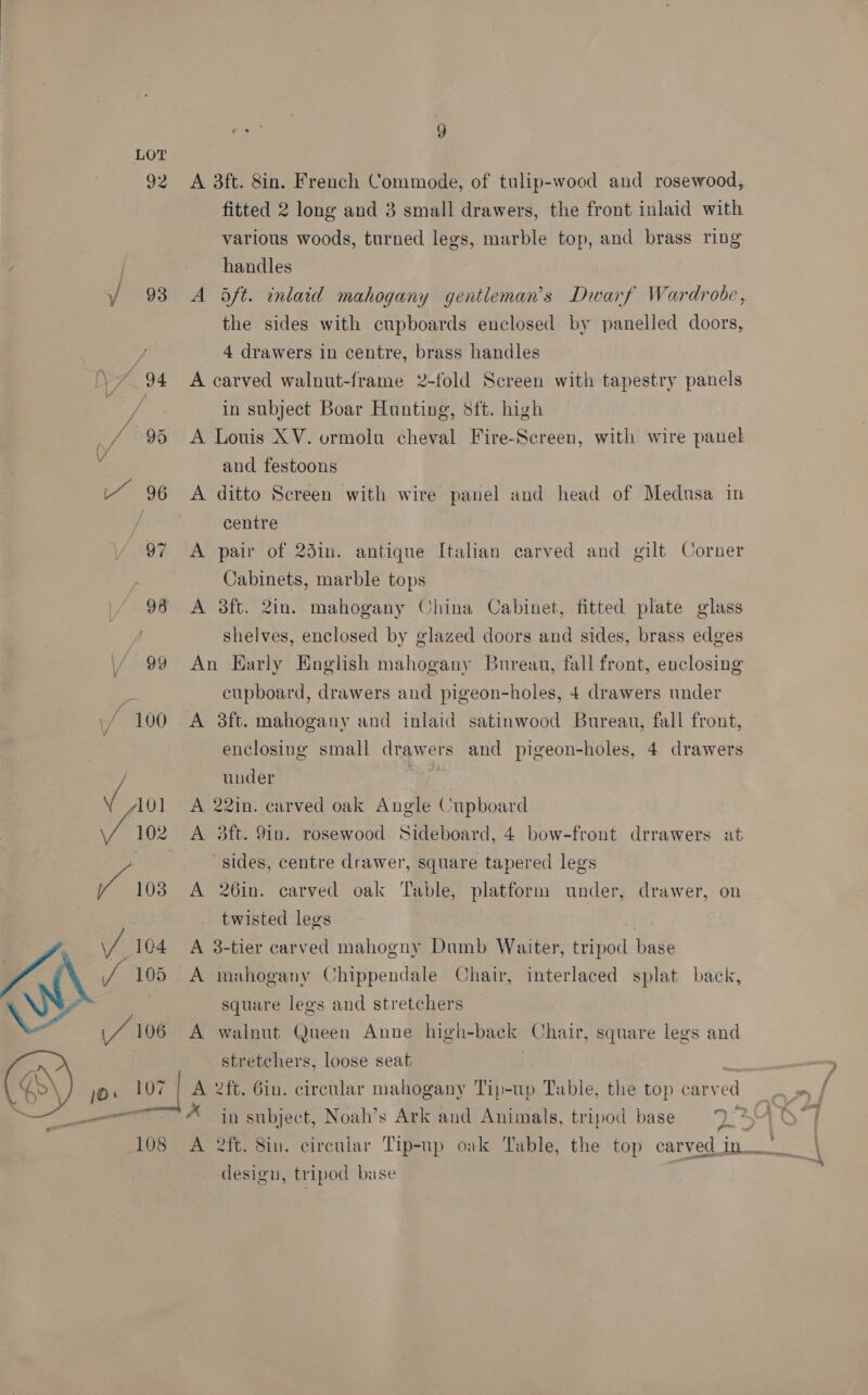 ¥ 93  re : g A 3ft. 8in. French Commode, of tulip-wood and rosewood, fitted 2 long and 3 small drawers, the front inlaid with various woods, turned legs, marble top, and brass ring handles A aft. inlaid mahogany gentleman's Dwarf Wardrobe, the sides with cupboards enclosed by panelled doors, 4 drawers in centre, brass handles A carved walnut-frame 2-fold Screen with tapestry panels in subject Boar Hunting, sft. high A Louis XV. ormolu cheval Fire-Screen, with wire panel and festoons A ditto Screen with wire panel and head of Medusa in centre A pair of 23in. antique Italian carved and gilt Corner Cabinets, marble tops A 3ft. 2in. mahogany China Cabinet, fitted plate glass shelves, enclosed by glazed doors and sides, brass edges An Early English mahogany Bureau, fall front, enclosing cupboard, drawers and pigeon-holes, 4 drawers under A 8ft. mahogany and inlaid satinwood Bureau, fall front, enclosing small drawers and pigeon-holes, 4 drawers under Te | A 22in. carved oak Angle Cupboard A 3ft. 9in. rosewood Sideboard, 4 bow-front drrawers at sides, centre drawer, square tapered legs A 26in. carved oak Table, platform under, drawer, on twisted legs . A 3-tier carved mahogny Dumb Waiter, tripod base A mahogany Chippendale Chair, interlaced splat back, square legs and stretchers walnut Queen Anne high-back Chair, square legs and stretchers, loose seat | 2ft. Gin. circular mahogany Tip-up Table, the top carved “ rm ; in subject, Noah’s Ark and Animals, tripod base design, tripod base