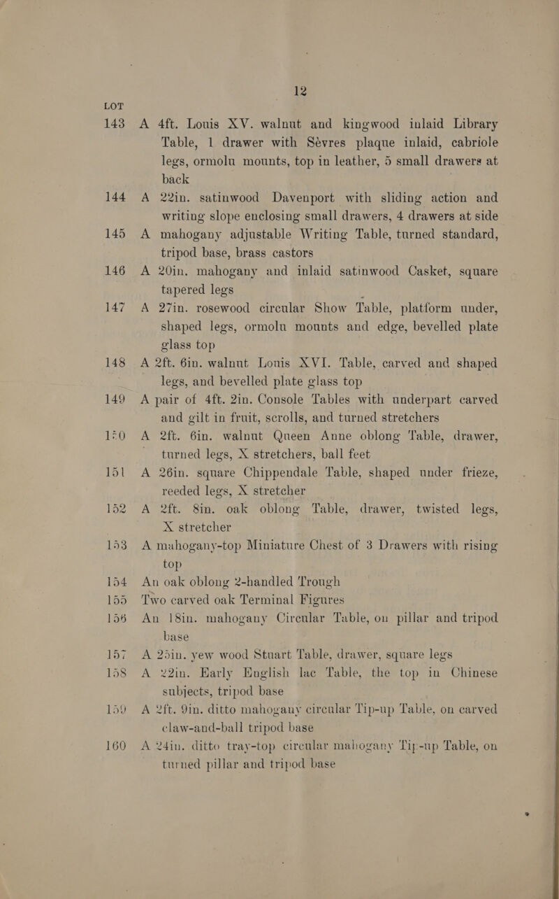 143 144 12 A 4ft. Louis XV. walnut and kingwood inlaid Library Table, 1 drawer with Sévres plaque inlaid, cabriole legs, ormolu mounts, top in leather, 5 small drawers at back A 22in. satinwood Davenport with sliding action and writing slope enclosing small drawers, 4 drawers at side A mahogany adjustable Writing Table, turned standard, tripod base, brass castors A 20in. mahogany and inlaid satinwood Casket, square tapered legs ; A 27in. rosewood circular Show Table, platform under, shaped legs, ormoln mounts and edge, bevelled plate glass top A 2ft. 6in. walnut Lonis XVI. Table, carved and shaped legs, and bevelled plate glass top | A pair of 4ft. 2in. Console Tables with underpart carved and gilt in fruit, scrolls, and turned stretchers A 2ft. 6in. walnut Queen Anne oblong Table, drawer, turned legs, X stretchers, ball feet A 26in. square Chippendale Table, shaped under frieze, reeded legs, X stretcher A 2ft. 8in. oak oblong Table, drawer, twisted legs, X stretcher A mahogany-top Miniature Chest of 3 Drawers with rising top An oak oblong 2-handled Trough Two carved oak Terminal Figures An 18in. mahogany Circular Table, ou pillar and tripod base A 25in. yew wood Stuart Table, drawer, square legs A 22in. Early English lac Table, the top in Chinese subjects, tripod base A 2ft. 9in. ditto mahogany circular Tip-up Table, on carved claw-and-ball tripod base A 24in. ditto tray-top circular mahogany Tip-up Table, on turned pillar and tripod base     