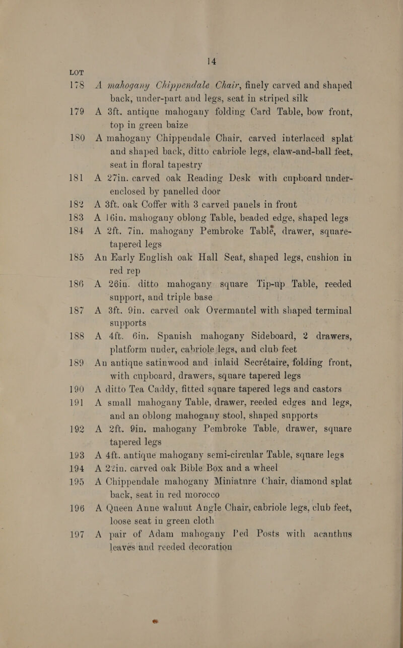 A mahogany Chippendale Chair, finely carved and shaped back, under-part and legs, seat in striped silk A 3ft. antique mahogany folding Card Table, bow front, top in green baize | A mahogany Chippendale Chair, carved interlaced splat and shaped back, ditto cabriole lees, claw-and-ball feet, seat in floral tapestry A 27in. carved oak Reading Desk with cupboard under- enclosed by panelled door , A 3ft. oak Coffer with 3 carved panels in front A |6in. mahogany oblong Table, beaded edge, shaped lees A 2ft. Zin. mahogany Pembroke Table, drawer, square- tapered legs An Early English oak Hall Seat, shaped legs, cushion in red rep . A 26in. ditto mahogany square Tip-up Table, reeded support, and triple base A 3ft. 9in. carved oak Overmantel with shaped terminal supports A 4ft. 6in. Spanish mahogany Sideboard, 2 drawers, platform under, cabriole legs, and club feet An antique satinwood and inlaid Secrétaire, folding front, with cupboard, drawers, square tapered legs A ditto Tea Caddy, fitted square tapered legs and castors A small mahogany Table, drawer, reeded edges and legs, and an oblong mahogany stool, shaped supports A 2ft. 9in. mahogany Pembroke Table, drawer, square tapered legs A 4ft. antique mahogany semi-circular Table, square legs A 22in. carved oak Bible Box and a wheel A Chippendale mahogany Miniature Chair, diamond splat back, seat in red morocco A Queen Anne walnut Angle Chair, cabriole legs, club feet, loose seat in green cloth A pair of Adam mahogany Ped Posts with acanthus leaves and reeded decoration   