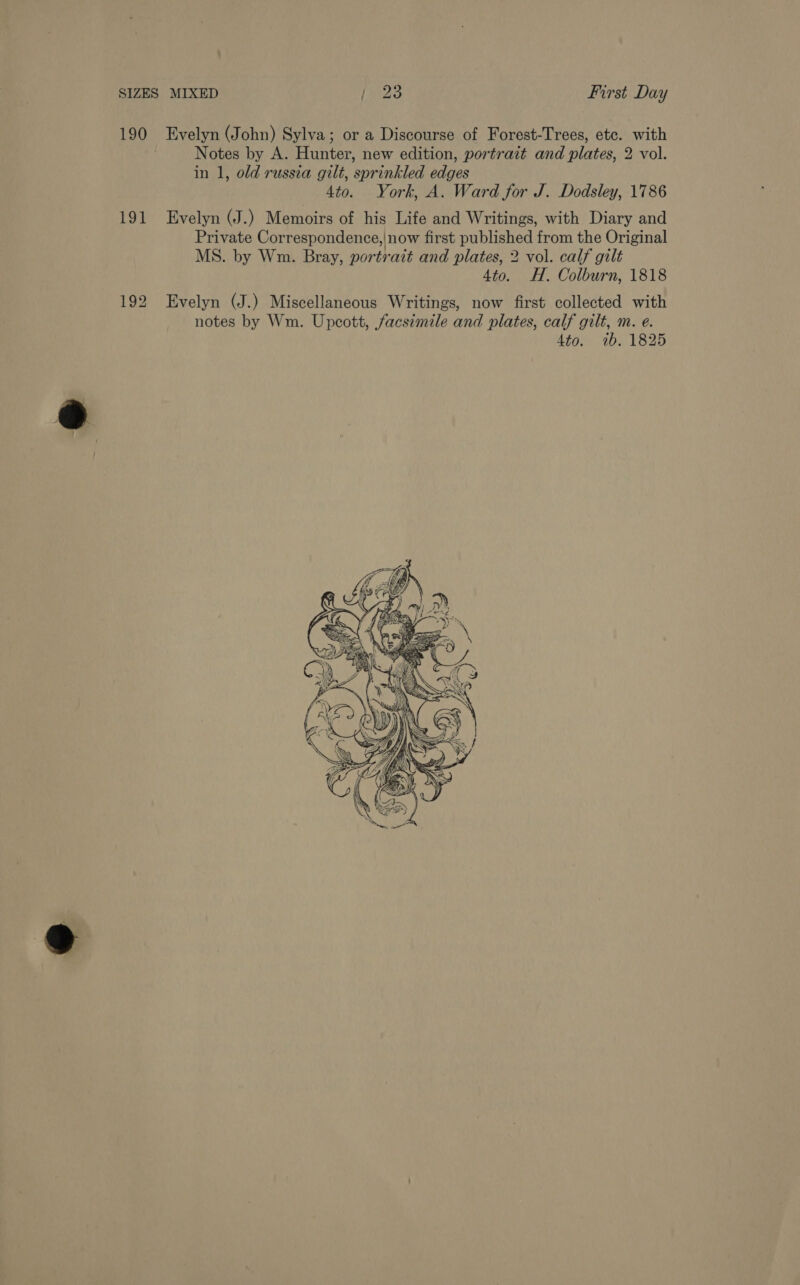 190 Evelyn (John) Sylva; or a Discourse of Forest-Trees, etc. with Notes by A. Hunter, new edition, portrait and plates, 2 vol. in 1, old russia gilt, sprinkled edges 4to. York, A. Ward for J. Dodsley, 1786 191 Evelyn (J.) Memoirs of his Life and Writings, with Diary and Private Correspondence,|now first published from the Original MS. by Wm. Bray, portrait and plates, 2 vol. calf gilt 4to. HH. Colburn, 1818 192 Evelyn (J.) Miscellaneous Writings, now first collected with notes by Wm. Upcott, facsimile and plates, calf gilt, m. e. 4to. 1b. 1825 