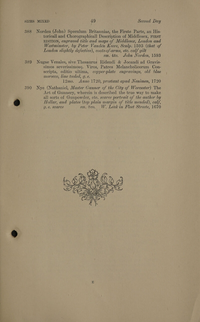 389 390 Norden (John) Speculum Britanniae, the Firste Parte, an His- toricall and Chorographicall Description of Middlesex, FIRST EDITION, engraved title and maps of Middlesex, London and Westminster, by Peter Vanden Keere, Sculp. 1593 (that of London slightly defective), coats-of-arms, ete. calf gilt sm. 4to. John Norden, 1593 Nugae Venales, sive Thesaurus Ridendi &amp; Jocandi ad Gravis- simos severissimosq. Viros, Patres Melancholicorum Con- scripta, editio ultima, copper-plate engravings, old blue morocco, line tooled, g. é. 12mo. Anno 1720, prostant apud Nenimen, 1720 Nye (Nathaniel, Master Gunner of the City of Worcester) The Art of Gunnery, wherein is described the true way to make all sorts of Gunpowder, etc. scarce portrait of the author by Hollar, and plates (top plain margin of title mended), calf, g.@. scarce sm. 8v0. W. Leakin Fleet Streete, 1670 E