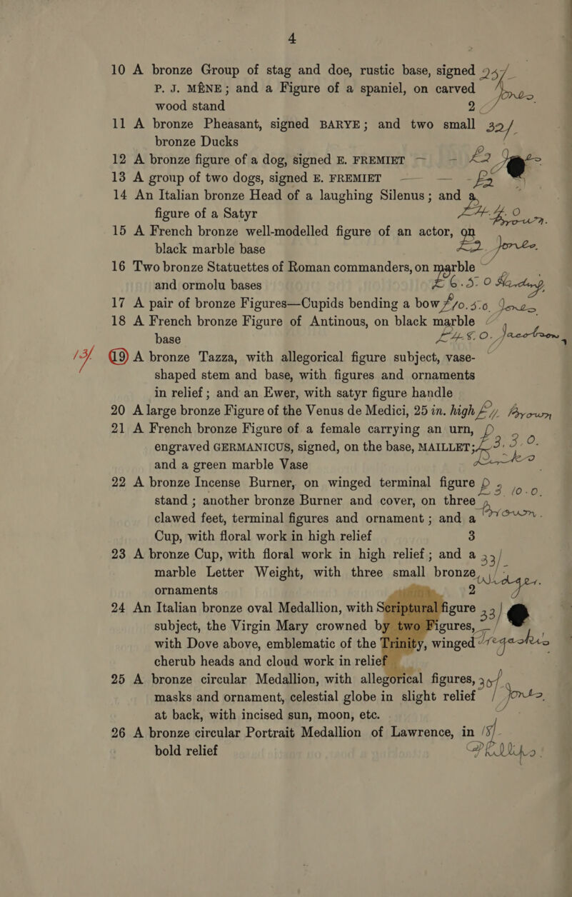 y a y wood stand 2 11 A bronze Pheasant, signed BARYE; and two small 32/, bronze Ducks 12 A bronze figure of a dog, signed E. FREMIET — — £2 oe 13 A group of two dogs, signed E. FREMIET — 14 An Italian bronze Head of a laughing Silenus ; ey figure of a Satyr s -O 15 A French bronze well-modelled figure of an actor, 2 black marble base 16 Two bronze Statuettes of Roman commanders, on marble ~ and ormolu bases £ 6.5.0 Ha dong 17 A pair of bronze Figures—Cupids bending a bow F/o. 5-6, Jones 18 A French bronze Figure of Antinous, on black marble &lt; base ERG. is ig acotcon | (9) A bronze Tazza, with allegorical figure subject, vase- shaped stem and base, with figures and ornaments in relief ; and an Ewer, with satyr figure handle 20 A large ie Figure of the Venus de Medici, 25 in. high Fi Vey Pe. 21 A French bronze Figure of a female carrying an urn, engraved GERMANICUS, signed, on the base, MAILLET p33 % and a green marble Vase % 22 A bronze Incense Burner, on winged terminal figure ee stand ; another bronze Burner and cover, on three oN clawed feet, terminal figures and ornament ; and a a Cup, with floral work in high relief 3 23 A bronze Cup, with floral work in high relief; and a 3 33/|         marble Letter Weight, with three small ron subject, the Virgin Mary crowned by with Dove above, emblematic of the T , winge masks and ornament, celestial globe in slight relief nd at back, with incised sun, moon, etc. ornaments ’ 24 An Italian bronze oval Medallion, with Sc al 1 Ar 33 Figures, Ly geo cherub heads and cloud work in relief _ 25 A bronze circular Medallion, with allegorical figures, 3 26 A bronze circular Portrait Medallion of Lawrence, in ig. bold relief PEMA ;