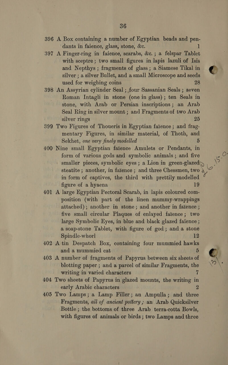 396 A Box containing a number of Egyptian beads and pen- dants in faience, glass, stone, &amp;c. 1 397 A Finger-ring in faience, scarabs, &amp;c.; a felspar Tablet with sceptre; two small figures in lapis lazuli of Isis and Nepthys ; fragments of glass ; a Siamese Tikal in silver ; a silver Bullet, and asmall Microscope and seeds used for weighing coins 28 398 An Assyrian cylinder Seal ; four Sassanian Seals ; seven Roman Intagli in stone (one in glass) ; ten Seals in stone, with Arab or Persian inscriptions; an Arab Seal Ring in silver mount ; and Fragments of two Arab silver rings 25 399 Two Figures of Thoueris in Egyptian faience ; and frag- mentary Figures, in similar material, of Thoth, and Sekhet, one very finely modelled 5 400 Nine small Egyptian faience Amulets or Pendants, in form of various gods and symbolic animals ; and five steatite ; another, in faience ; and three Chessmen, two in form of captives, the third with prettily modelled figure of a hyaena 19 401 A large Egyptian Pectoral Scarab, in lapis coloured com- position (with part of the linen mummy-wrappings attached) ; another in stone; and another in faience ; five small circular Plaques of enlayed faience ; two large Symbolic Eyes, in blue and black glazed faience ; a soap-stone T'ablet, with figure of god; and a stone Spindle-whorl 12 402 A tin Despatch Box, containing four mummied hawks and a mummied cat 5 403 A number of fragments of Papyrus between six sheets of blotting paper ; and a parcel of similar Fragments, the writing in varied characters 404 Two sheets of Papyrus in glazed mounts, the writing in early Arabic characters 2 405 Two Lamps; a Lamp Filler; an Ampulla; and three Fragments, all of ancient pottery ; an Arab Quicksilver Bottle ; the bottoms of three Arab terra-cotta Bowls, with figures of animals or birds ; two Lamps and three 4 \&gt; ‘