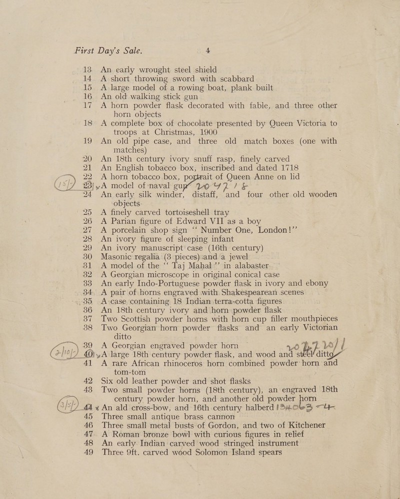  13. An early wrought steel shield 14. A short throwing sword with scabbard 15 A large model of a rowing boat, plank built — 16 An old walking stick gun 17 A horn powder flask decorated with fable, and three other horn objects 18 A complete box of chocolate presented by Queen Victoria to troops at Christmas, 1900 19 An old pipe case, and three old match boxes (one with matches) 20 An 18th century ivory snuff rasp, finely carved 21 An English tobacco box, inscribed and dated 1718 22 A horn tobacco box, portrait of en Anne on lid — An early silk winder, distaff, ‘and four — old wooden objects: 25 <A finely carved tortoiseshell tray 26 A Parian figure of Edward VII as a boy 27 A porcelain shop sign ‘“ Number One, London!”’ 28 An ivory figure of sleeping infant 29 An ivory manuscript'case (16th century) 30 Masonic regalia (8 pieces) :and a jewel 31 A model of the ‘“‘ Taj Mahal’’ in alabaster 82 A Georgian microscope in original conical case 33 An early Indo-Portuguese powder flask in ivory and ebony 34, A pair of horns engraved with. Shakespearean scenes 35 A-case containing 18 Indian, terra-cotta figures 36 An 18th century ivory and horn powder flask 37 Two Scottish powder horns with horn cup filler mouthpieces 388 Two Georgian horn au flasks and an early Victorian ditto is 7“ \ 39 A Georgian engraved powder horn — © be] hb . / | (e}' 0) Or iy A large 18th century powder flask, and wood a steel att” 41 A rare African rhinoceros horn combined powder’ horn and tom-tom 42 Six old leather powder and shot flasks 43 Two small powder horns (18th century), an engraved 18th century powder horn, and another old powder horn dg ee x An ald cross-bow, and 16th century halberd /54.063 ~4- Three small antique brass cannon 48 Three small metal busts of Gordon, and two of Kitchener 47 A Roman bronze bowl with curious figures in relief 48 An early Indian carved wood stringed instrument 49 Three 9ft. carved wood Solomon Island spears -_