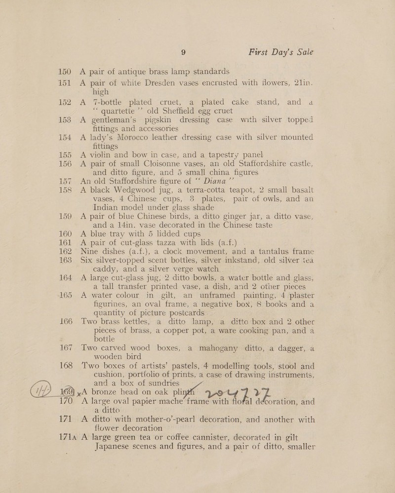 150 A pair of antique brass lamp standards 151 A pair of white Dresden vases encrusted with ilowers, 21lin. high 152 A 7-bottle plated cruet, a plated cake stand, and a “* quartetie ’’ old Sheffield egg cruet 153 A gentleman’s pigskin dressing case with silver topped fittings and accessories 154 A lady’s Morocco leather dressing case with silver mounted fittings 155 A violin and bow in case, and a tapestry panel. 156 A pair of small Cloisonne vases, an old Staffordshire castle, and ditto figure, and 5 small china figures 157 An old Staffordshire figure of “* Diana *’ | 158 A black Wedgwood jug, a terra-cotta teapot, 2 small basalt vases, 4 Chinese cups, 38 plates, pair ot owls, and an Indian model under glass shade 159 A pair of blue Chinese birds, a ditto ginger jar, a ditto vase, and a 14in. vase decorated in the Chinese taste 160 A blue tray with 5 lidded cups | 161 A pair of cut-glass tazza with lids (a.f.) 162 Nine dishes (a.f.), a clock movement, and a tantalus frame 163 Six silver-topped scent bottles, silver inkstand, old silver iea caddy, and a silver verge watch 164 A large cut-glass jug, 2 ditto bowls, a water bottle and glass, a tall transfer printed vase, a dish, and 2 other pieces 165 A water colour in gilt, an unframed painting, 4 plaster figurines, an oval frame, a negative box, 8 books and a quantity of picture postcards . | 166 Two brass kettles, a ditto lamp, a ditte box and 2 other pieces of brass, a copper pot, a ware cooking pan, and a bottle 167 Iwo carved wood boxes, a mahogany ditto, a dagger, a wooden bird 168 Two boxes of artists’ pastels, 4 modelling tools, stool and cushion, portiolio of prints, a case of drawing instruments, and a box of sundries ( 1 i's ) @ yA bronze head on oak pilin; he yy 170. A large oval papier mache’frame with flofal décoration, and a ditto 171 &lt;A ditto with mother-o’ -pearl decoration, and another with flower decoration — 171a A large green tea or coffee cannister, decorated in gilt Japanese scenes and figures, and a pair of ditto, smaller
