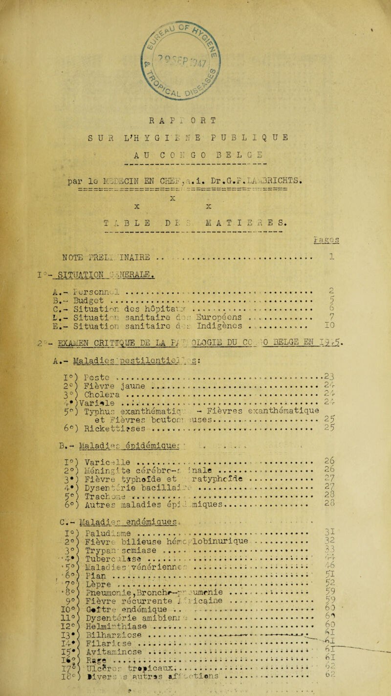 SUR L’H YGIEflE PUBLIQUE AU CONGO BELGS par 1g M4DECIN EN CHEF i. Dr.G.F. LAnBRICHTS. x X*\r jtu T A B L E D I 8 M A T■ I E H E S. NOTE PRELI. TNAIRE . . .... 1 I°- SITUATION GINERALE. A. -■ i' ur s onnd »•».»•»••»* c. B. ~ Budget .. . ..... 5 C. - Situation des hopitavx .. L.- Situation sanitaire dos Europeens ............. E.- Situation sanitaire dos Indigenes . ... 10 2: - EXAiAEN CRITUQUE DE LA Pi F 0LOGIE DU CO . 0 BELGE EN i; .-5. A.- Maladies ~pestilentialA -_s: 1°) Peste .. .....23 2C) Fievre jaune .. 24 3°) Cholera . 24 4*) Varide ..:. ... > -..... 24 5°) Typhus exanthematie - Fievres exanthematique et Fievres bcUtom -uses... 25 6°) RickettL?ses .. 25 B.- Maladies epidemiquer ; 1°) Varicelle .......... 26 2°) Meningite cerebrc-r. inale ... 2b 3#) Fievre typholde et ratyphclde ... 27 4*) Dysentcrie bacillaiue .... 27 5°) Trachoma .......... ... 28 6°) Autres maladies epjJ .miques.. C.- Maladies endemiques. ...... I ^ Y jr a lud x sme ......... 2°) Fievre bilieuse hemeplobinurique . 3°) Trypan-semiase ..... ............. •4 4*) Tuberculosa i... ;..... - • 5°) Maladies 1vendriennes ............. , * 6°) Plan ..... 7°j Lepre .. 4 8 0 ) Pneumonie ,Br onchr^-p1- eumcnie . 9°J Fievre recurrente l.Iricaine ...... 10°; G«itre endemique .. ,4 .......... . 11°) Dysenterie amibienre .. 12°) Helminthiase ... 13*5 Bilharziose ..... 14*) Filar icse ......... »•••..•••* I5#j Avitaminose . ) Rage i • • j • • i i • • • 17°) Ulceros tropicaux. ... 18°) livers -s autras aiTeotiens . 31 32 3.3